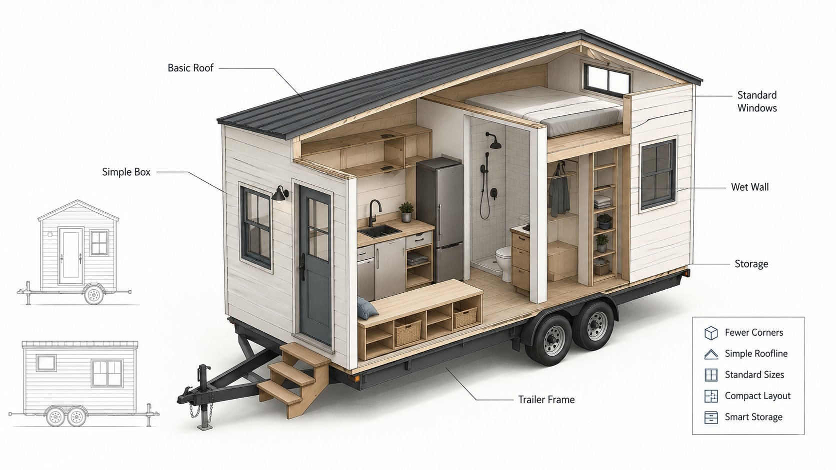 Cutaway diagram of a tiny home on wheels showing a compact kitchen, sleeping loft, bathroom wall, trailer frame, and built-in storage.