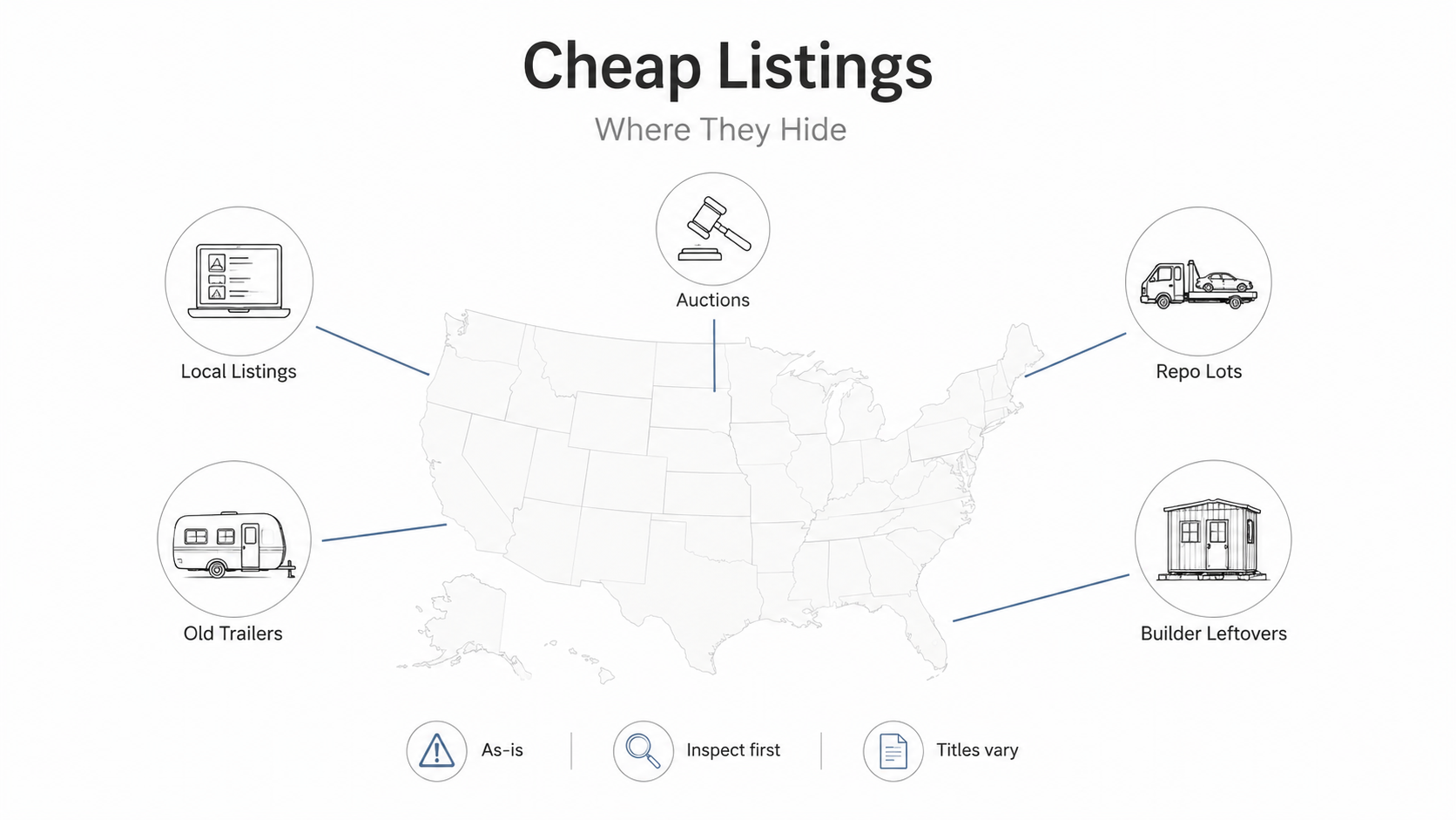 United States map with listing sources for cheap tiny houses, including local listings, auctions, repo lots, old trailers, and builder leftovers.