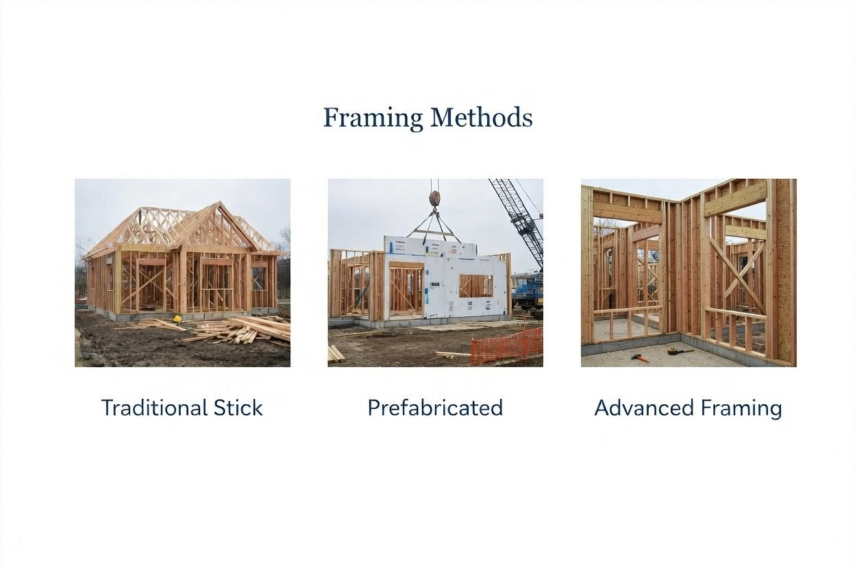  Infographic comparing traditional stick framing, prefabricated systems, and advanced framing techniques like OVE for energy efficiency and speed.