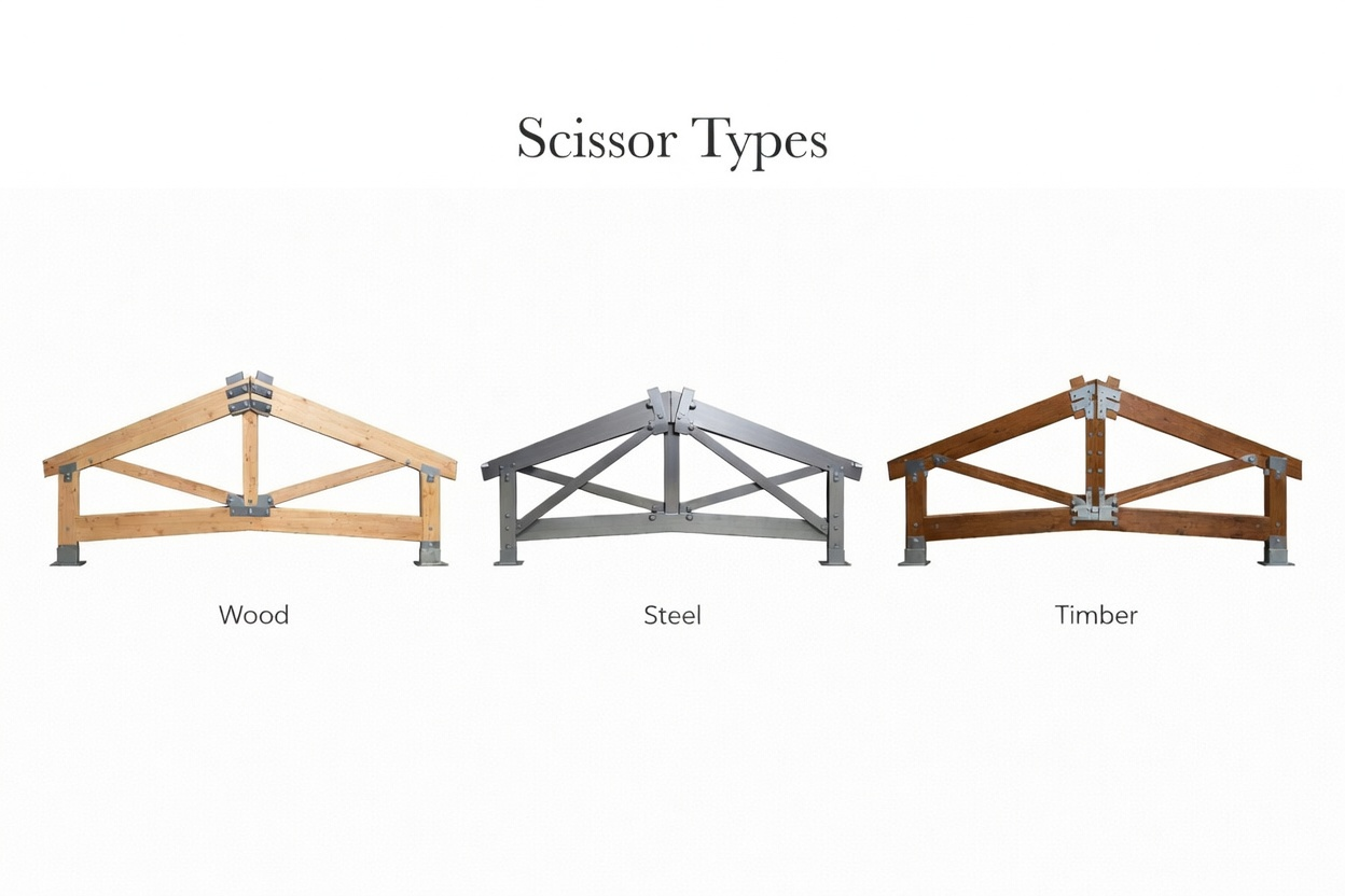 Wood, steel, and heavy timber scissor truss types compared in a structural elevation diagram.