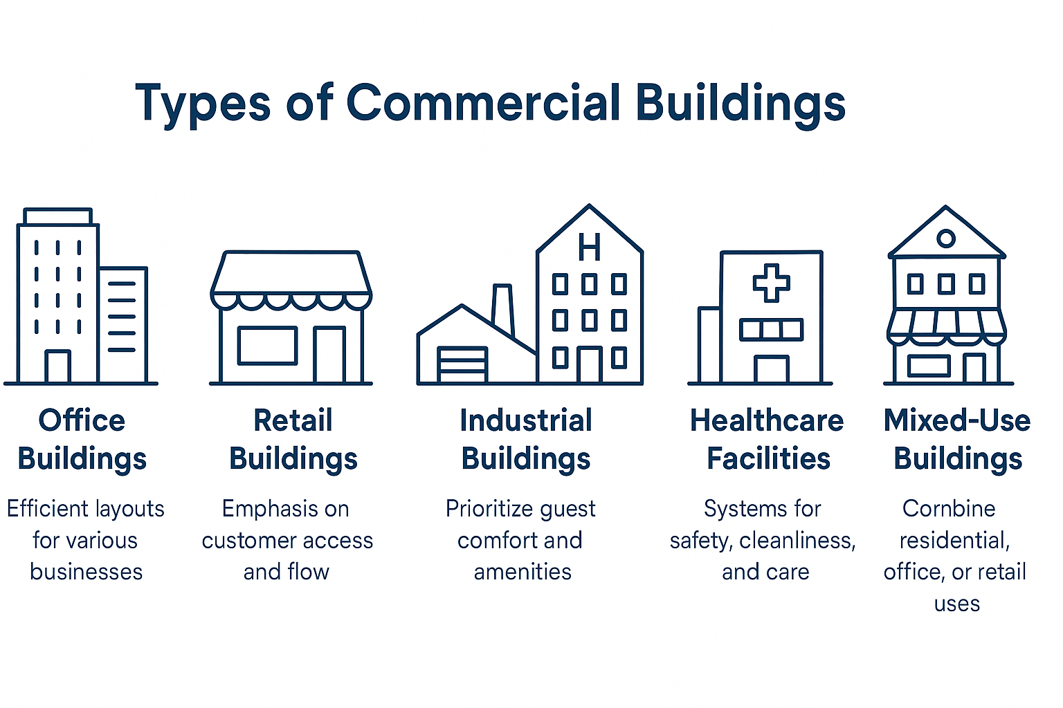 Different types of commercial buildings including office, retail, industrial, hospitality, healthcare, and mixed-use.
