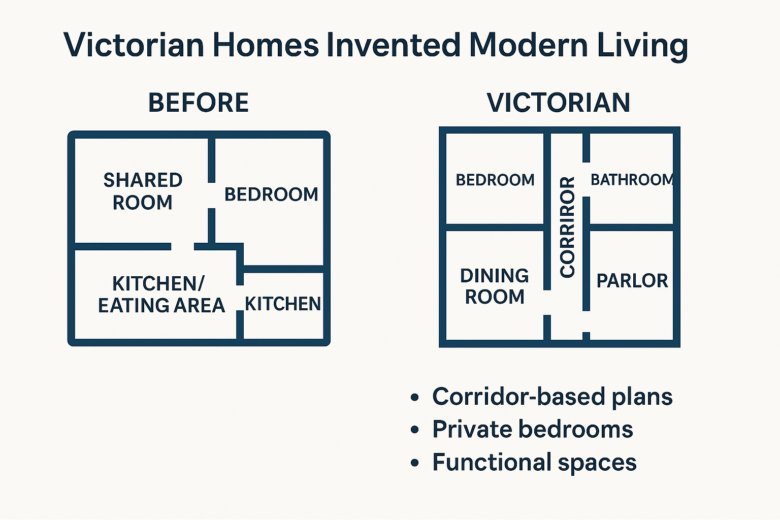 Side-by-side diagram showing the shift from open room layouts in pre-Victorian homes to corridor-based, functionally zoned layouts in Victorian houses.
