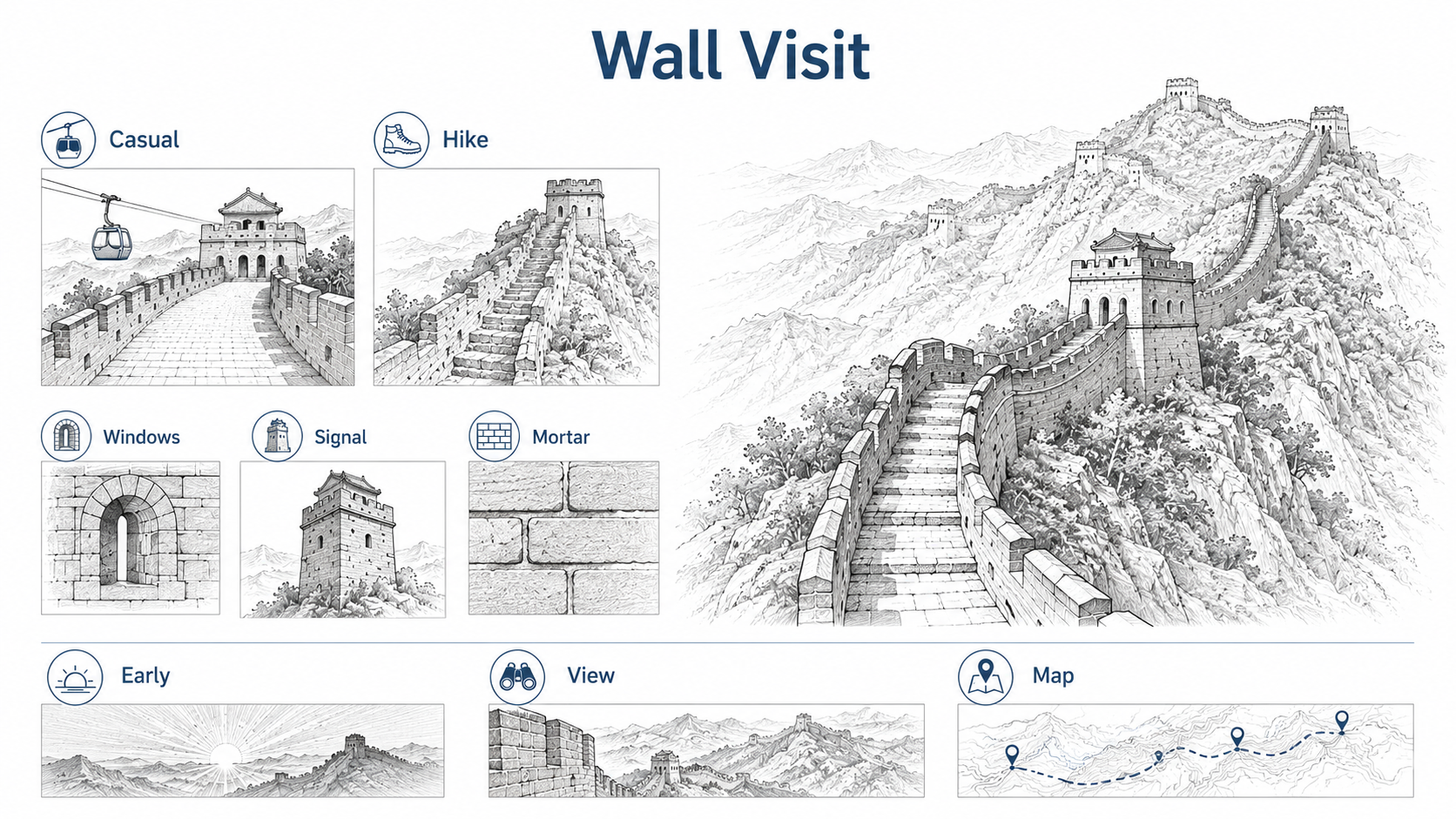 Great Wall visit guide diagram showing casual access, hiking route, window details, signal tower, mortar joints, early visit, view point, and map route.