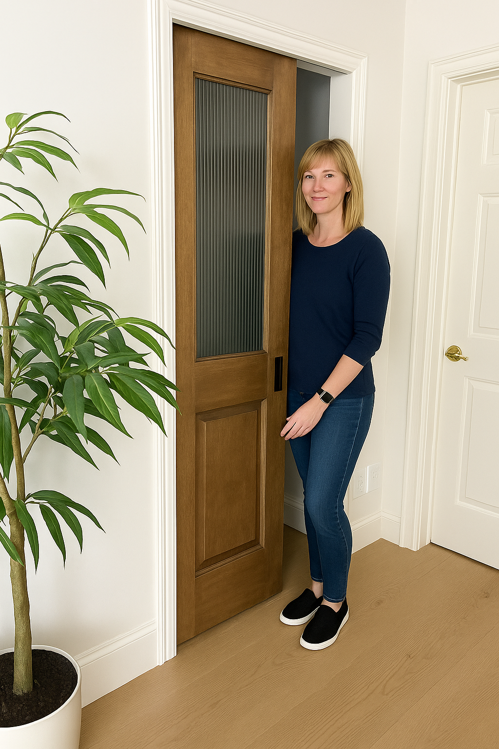 A blonde woman in casual clothes slides open a modern wooden pocket door with a vertical glass panel in a bright interior hallway.