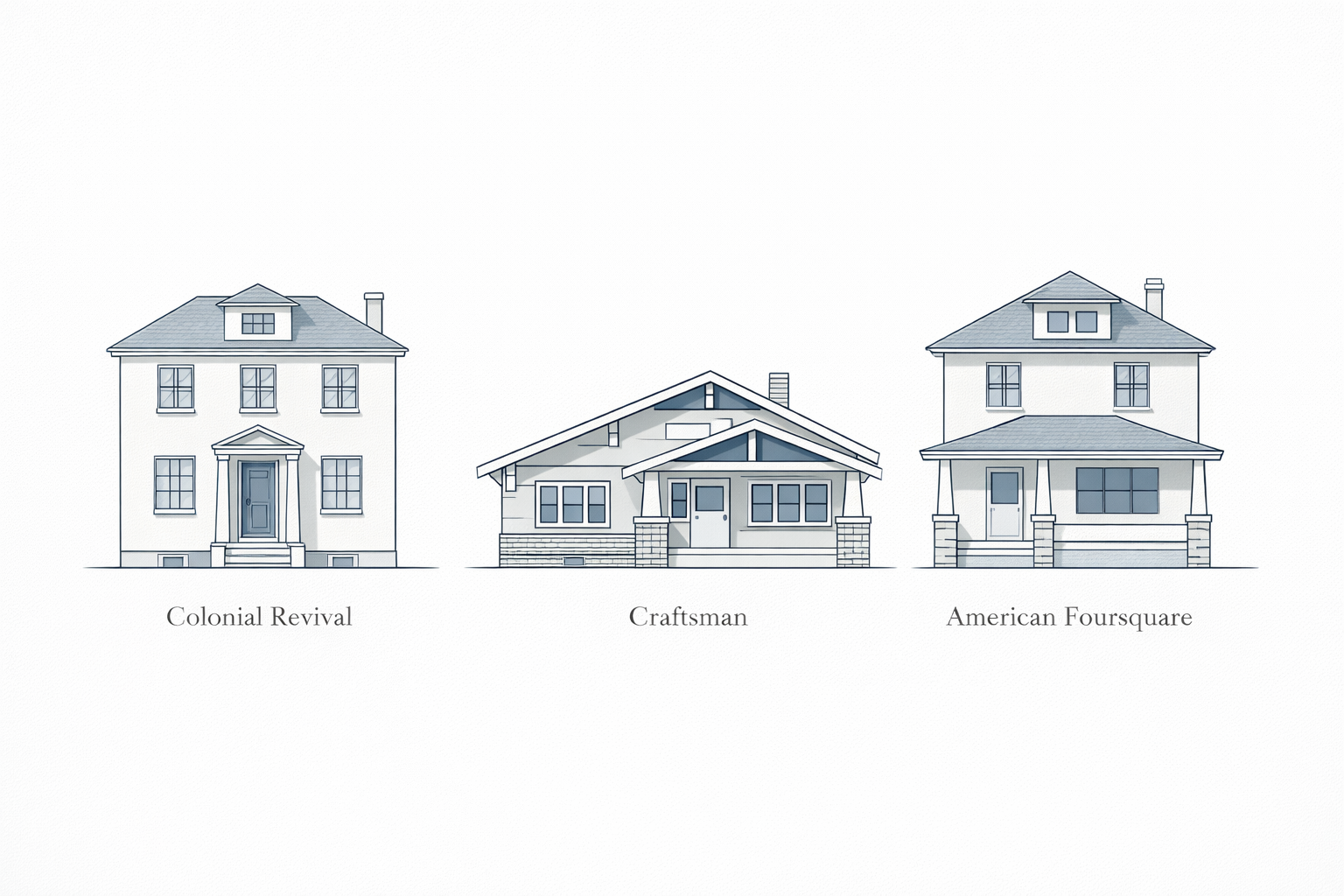 Side-by-side architectural comparison of Colonial Revival, Craftsman, and American Foursquare house styles common in the 1910s.