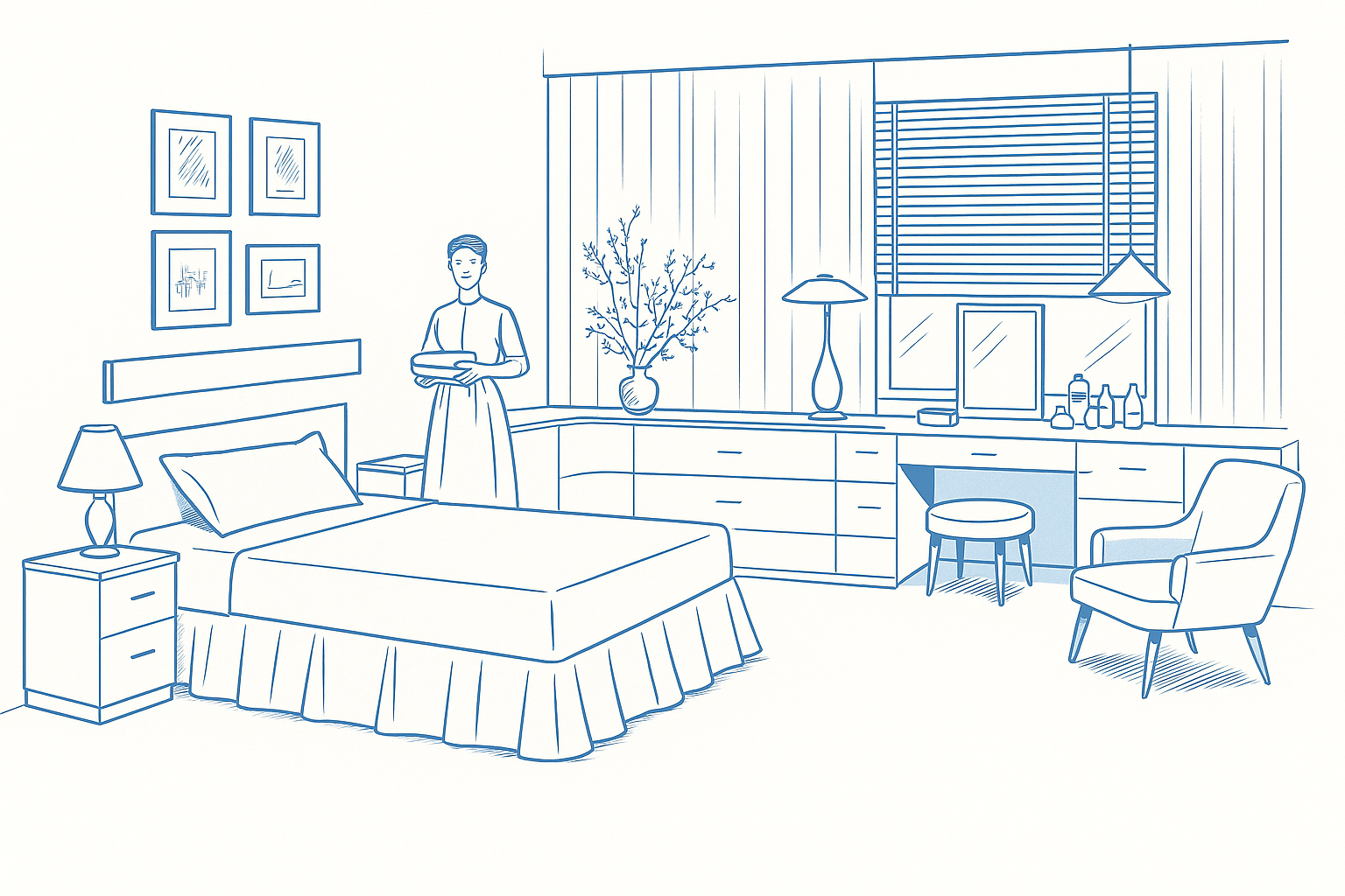 1950s bedroom with pink and blue decor and mid-century furniture.