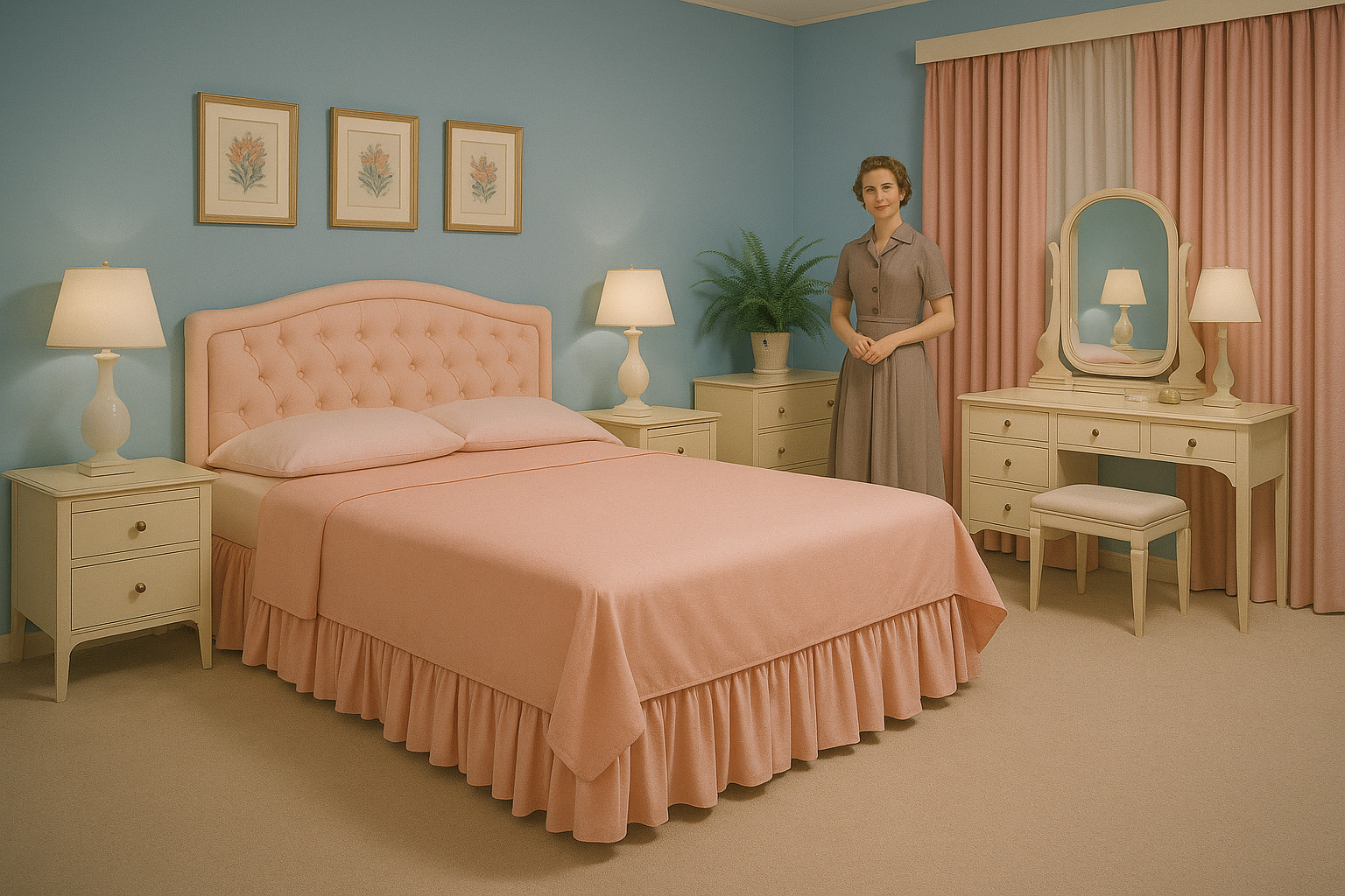 1950s bedroom showing key design elements like tufted headboard and wallpaper accent.