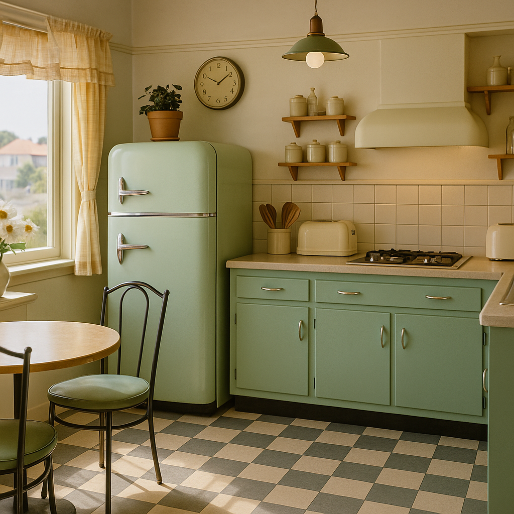 1950s kitchen with blue tones, period appliances, and checkered floor.