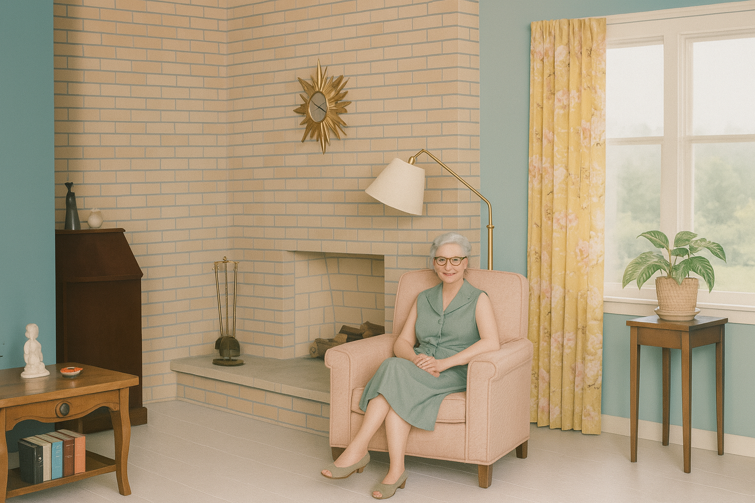 Vintage 1950s-style living room with a seated woman, retro furniture, and pastel-toned fireplace.