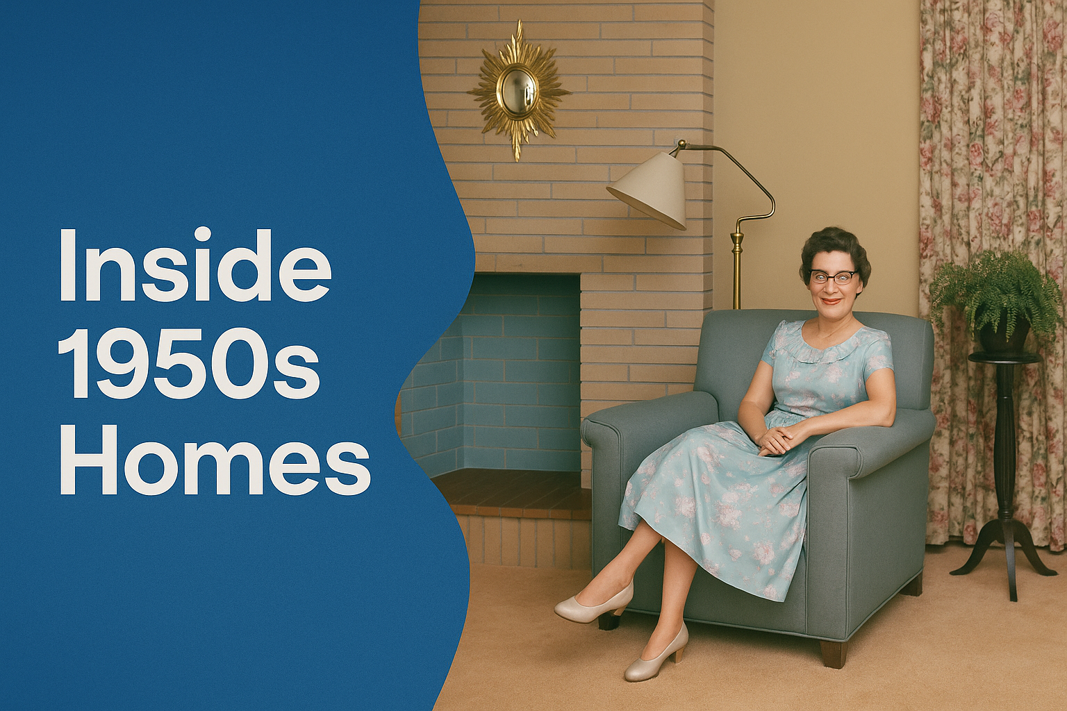 Woman in elegant outfit inside a 1950s home with vintage decor.