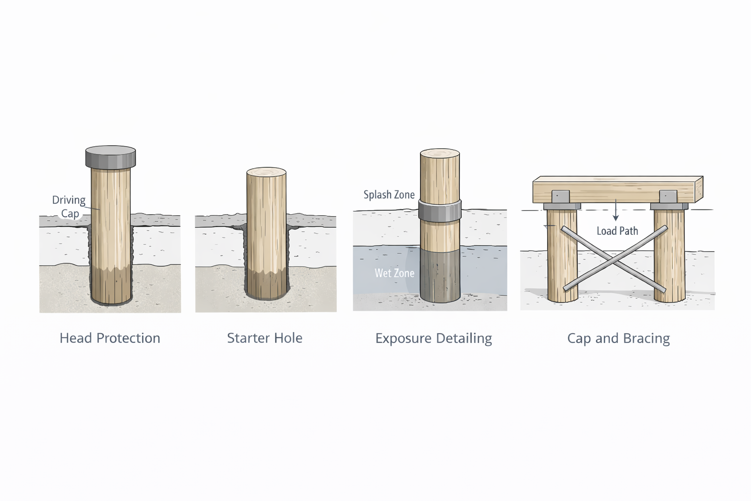 Showing three durability techniques for timber piles: composite piles, pre-drilling, and pressure treatment.