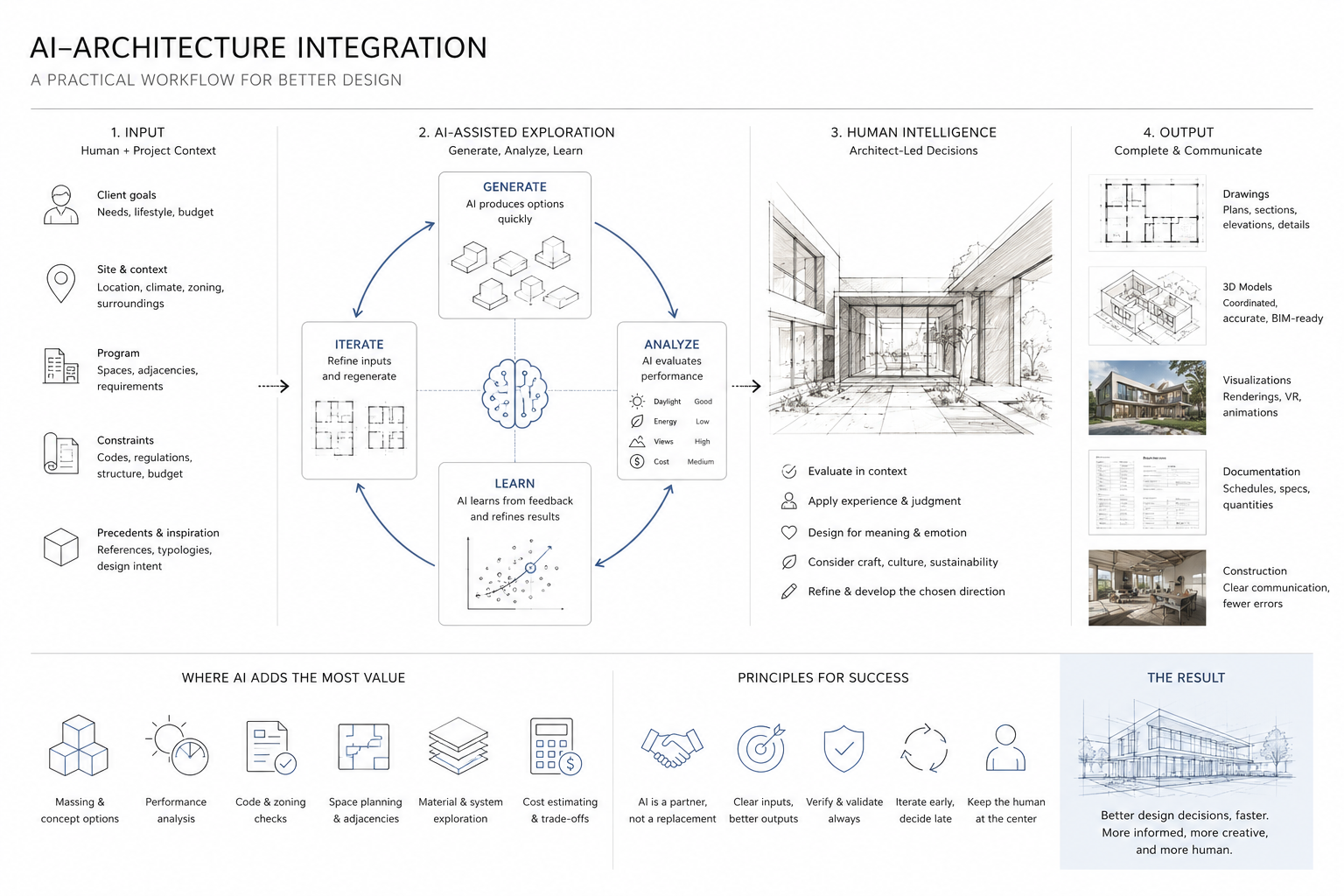 AI architecture integration workflow showing project inputs, AI-assisted option studies, architect review, and final drawing and documentation output.