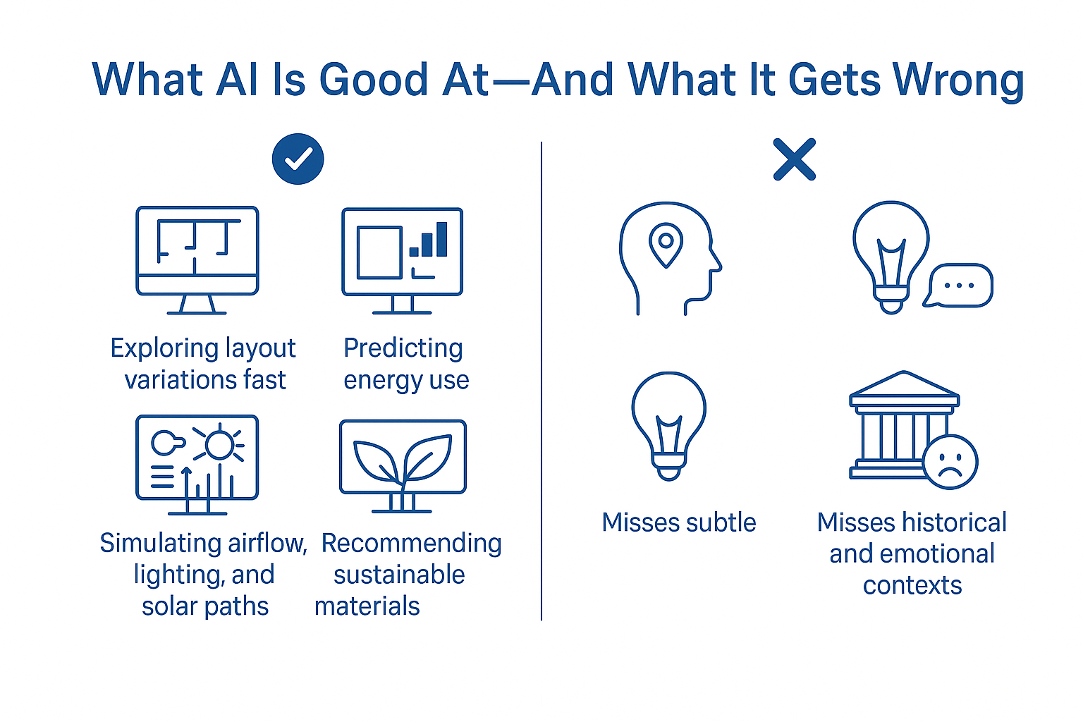 AI architecture infographic showing strengths like layout simulation and weaknesses like missing cultural nuance.