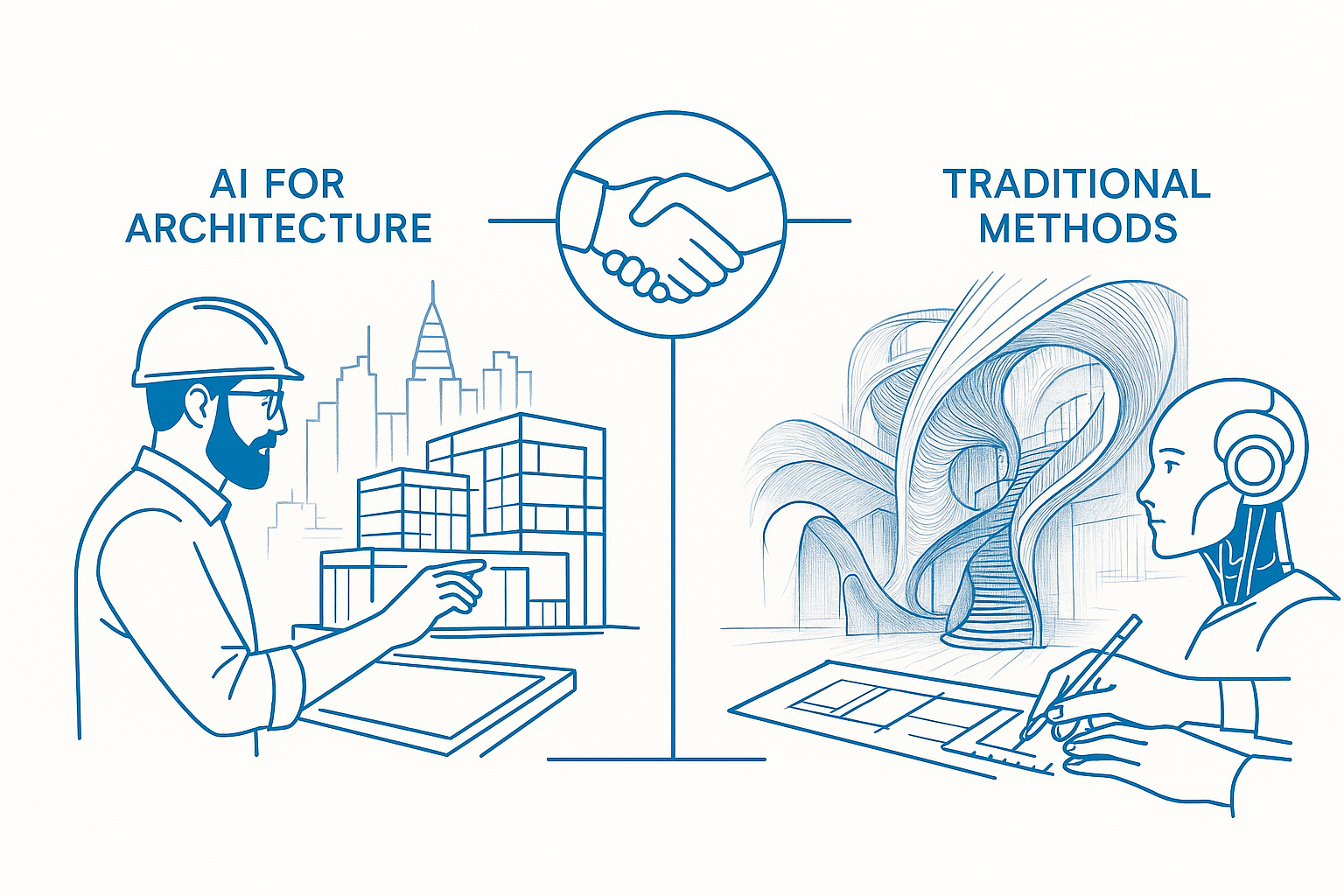 An infographic showing an architect modeling buildings on a tablet, a handshake icon symbolizing collaboration, and a robot hand designing a spiral staircase.