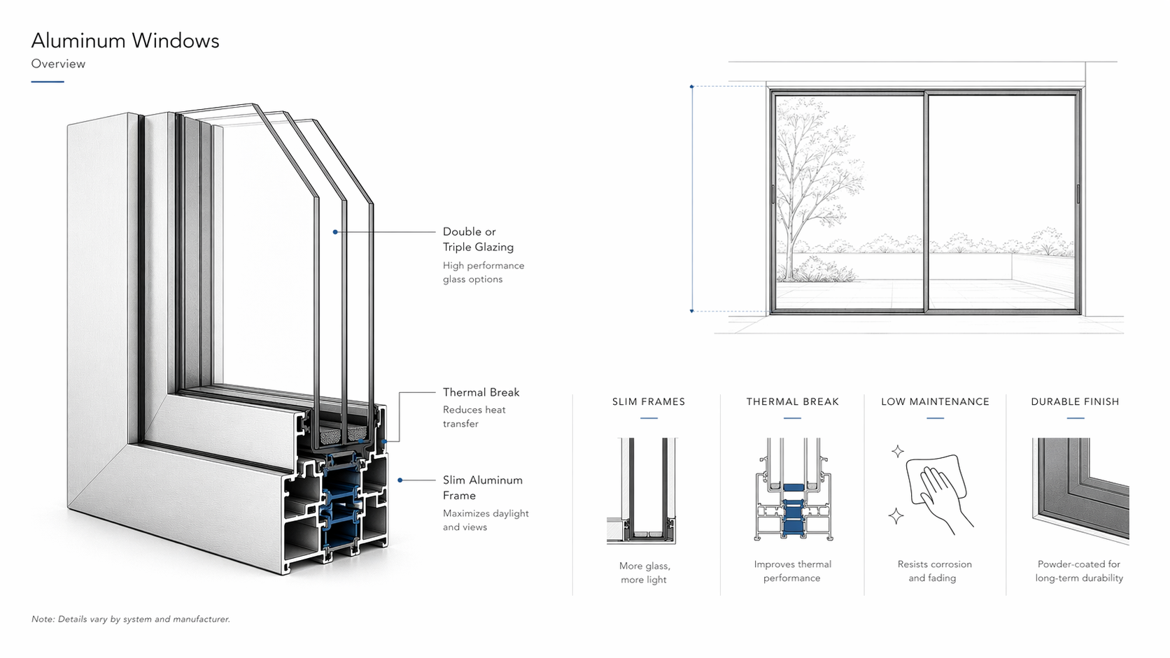 Aluminum window frame overview showing glazing, thermal break, multi-chamber frame, slim sightlines, finishes, and key considerations.