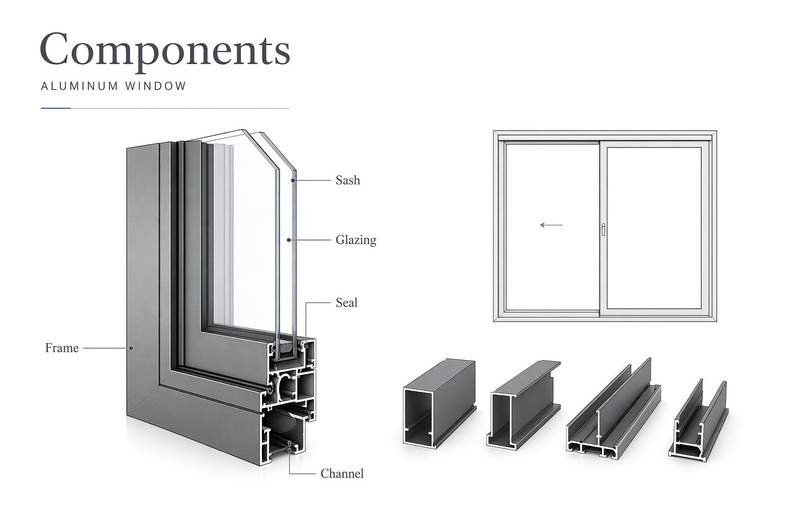 Aluminum window component diagram showing frame, sash, glazing, seal, and channel with supporting profile pieces.