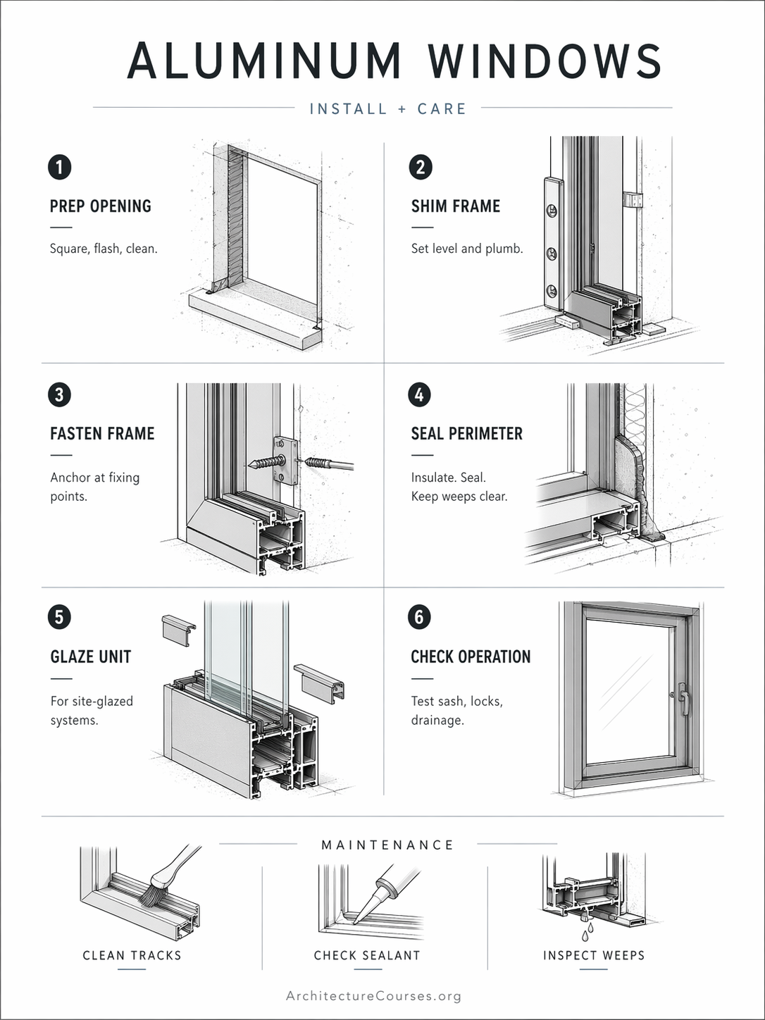Step-by-step aluminum window installation and maintenance diagram showing opening prep, frame shimming, fastening, sealing, glazing, operation checks, and maintenance tasks.