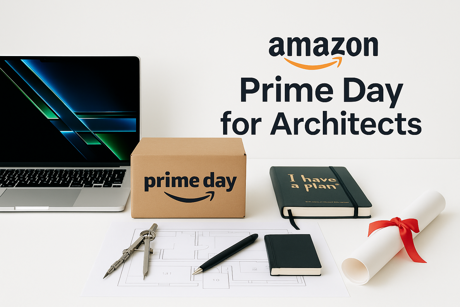Amazon Prime Day featuring laptop, compass, and drafting symbols.