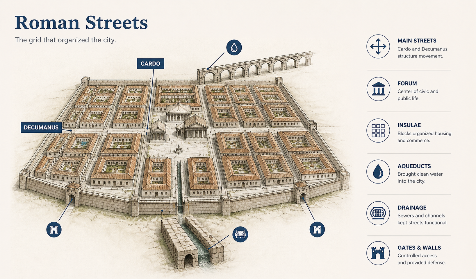 Roman grid streets diagram showing the cardo, decumanus, forum, insulae, aqueduct, and drainage channel.