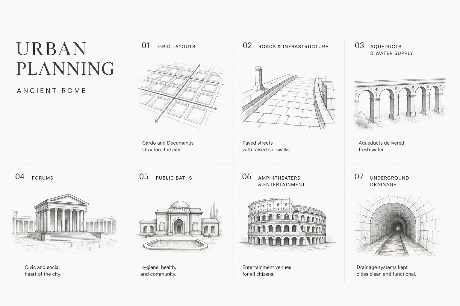 Overview diagram of Roman urban planning features including grid layouts, roads, aqueducts, forums, baths, amphitheaters, and drainage.