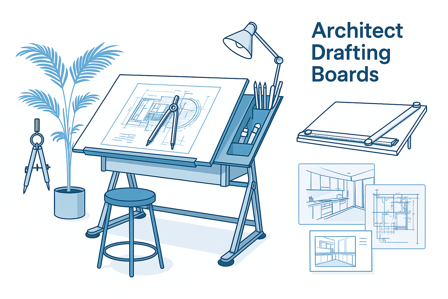 Architect drafting board with drawing tools and plans.