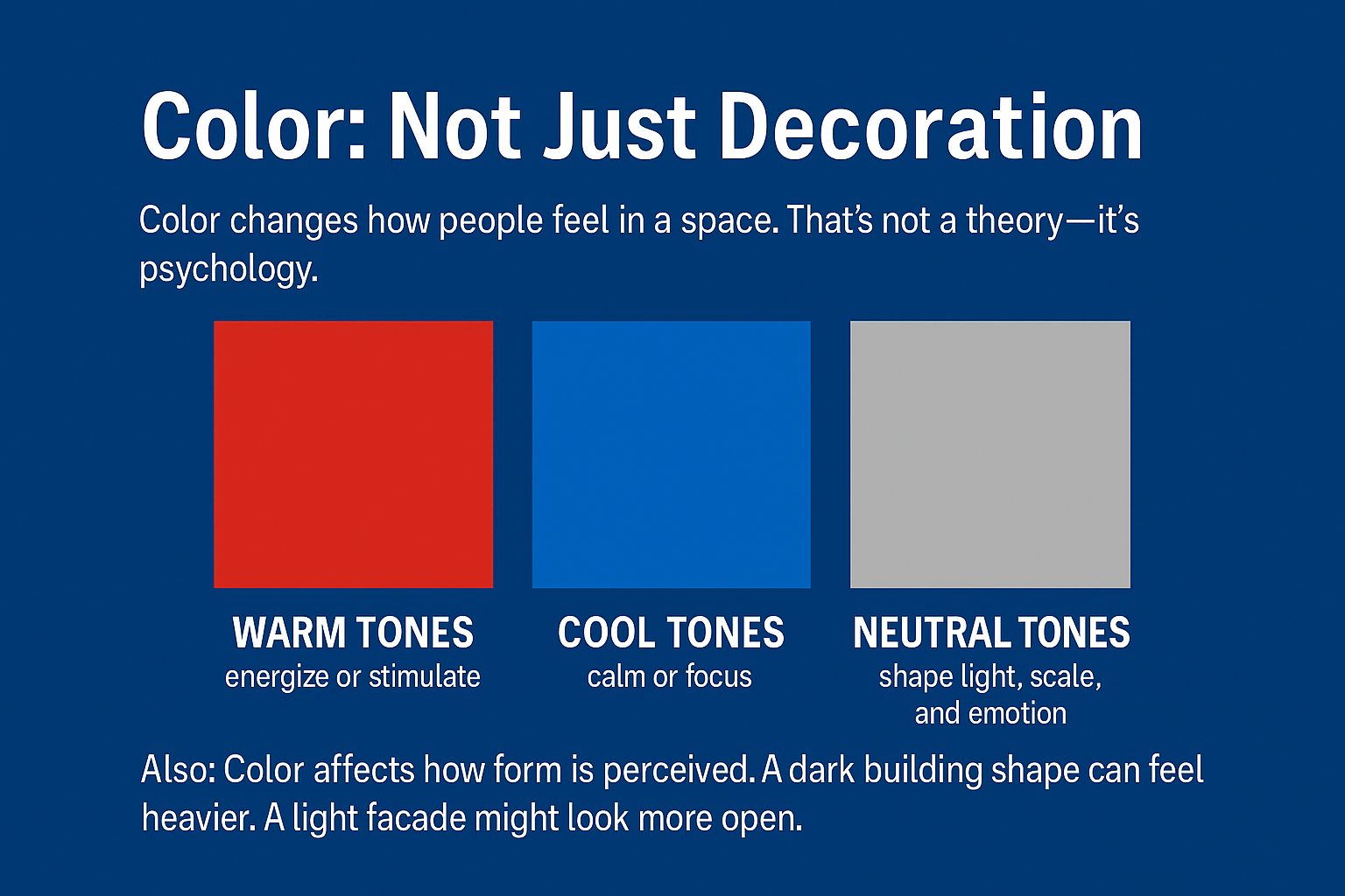 Color use in architecture showing warm, cool, and neutral tones.