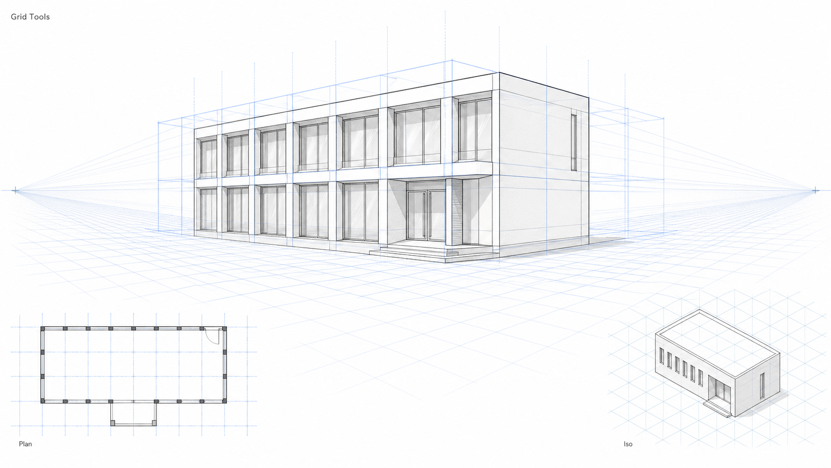 Architectural diagram showing a two-point perspective grid with guide boxes, plus a floor plan grid and an isometric grid inset.