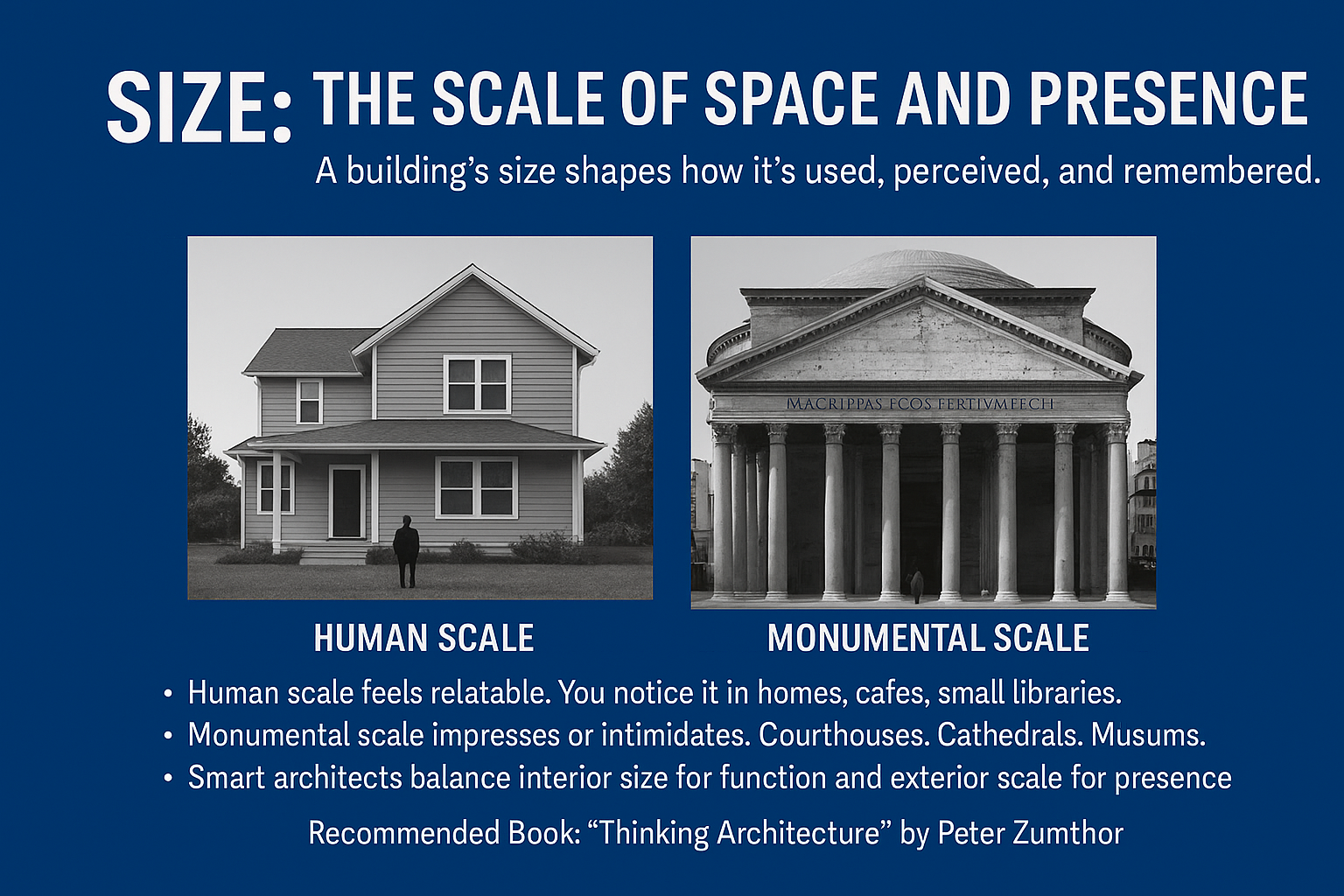Human-scale and monumental buildings contrasted.