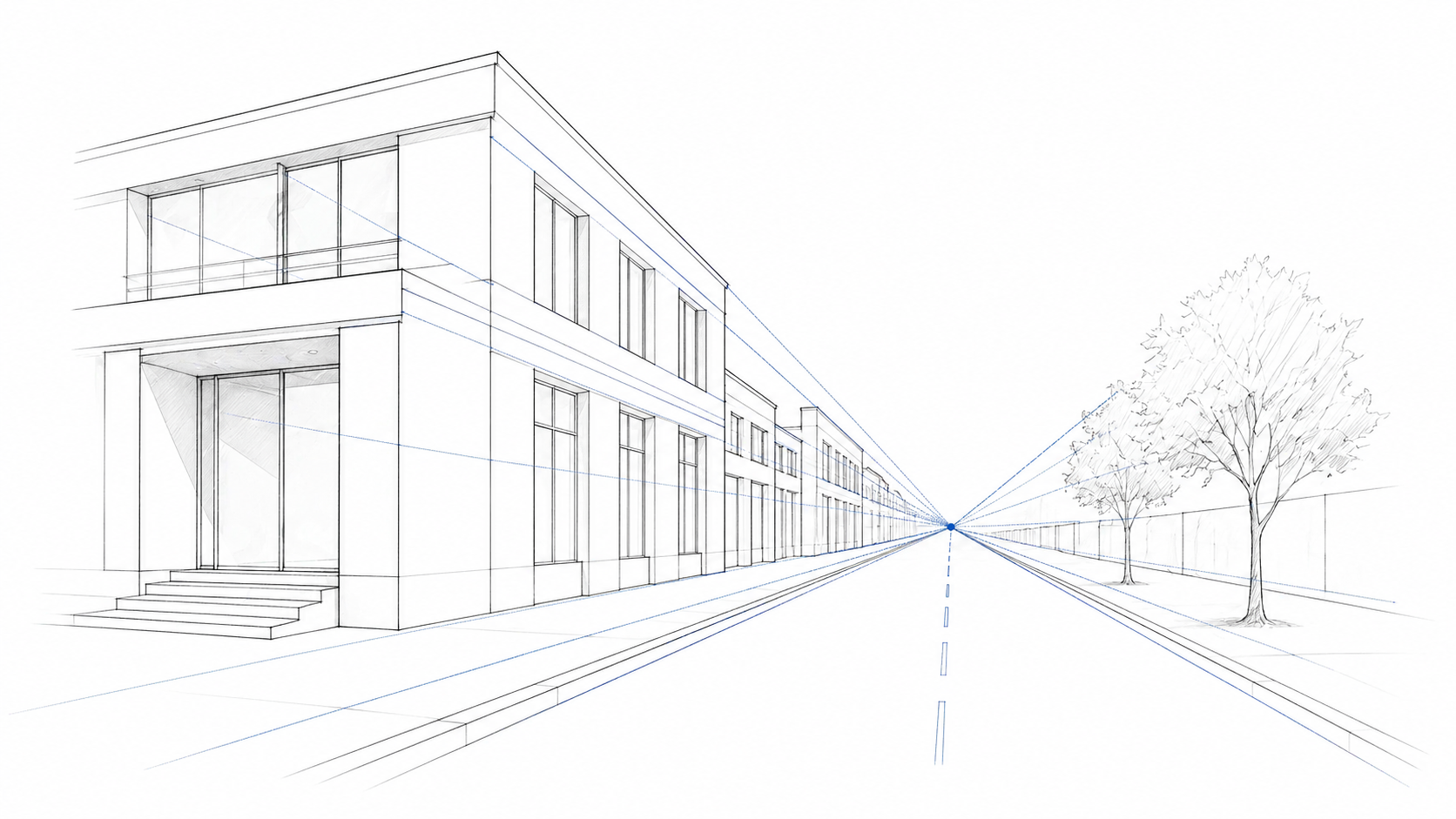 Architectural sketch showing depth and perspective using line techniques.