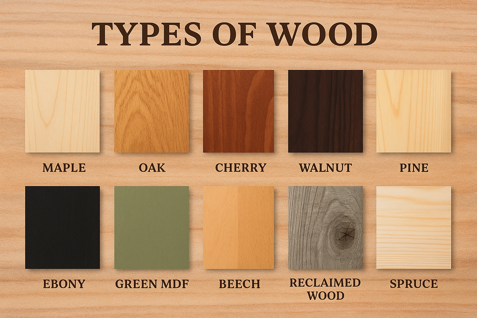 Various wood species used in architectural applications.