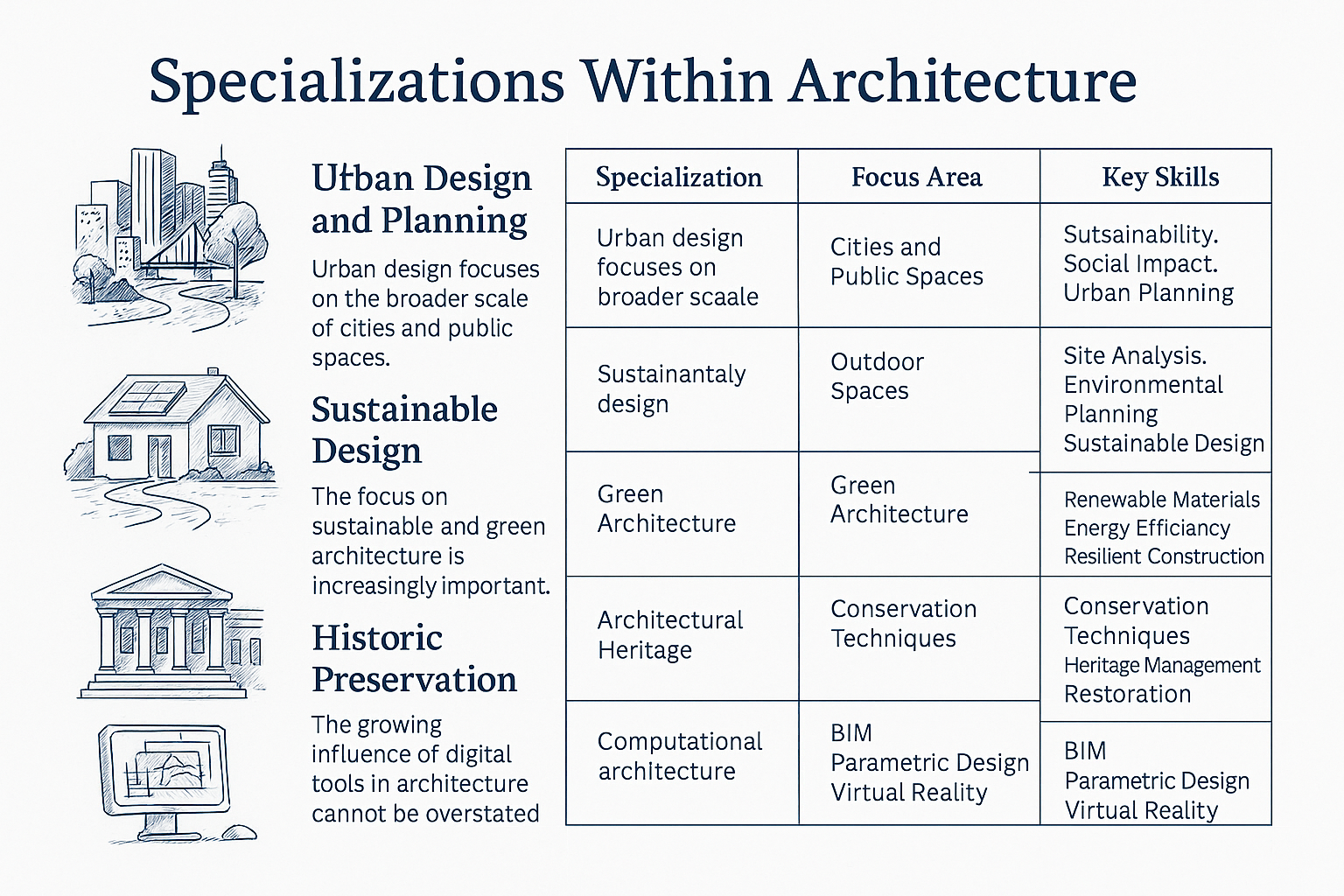 Side-by-side chart of architecture specializations, outlining core focus areas, essential skills, and career options in each path.