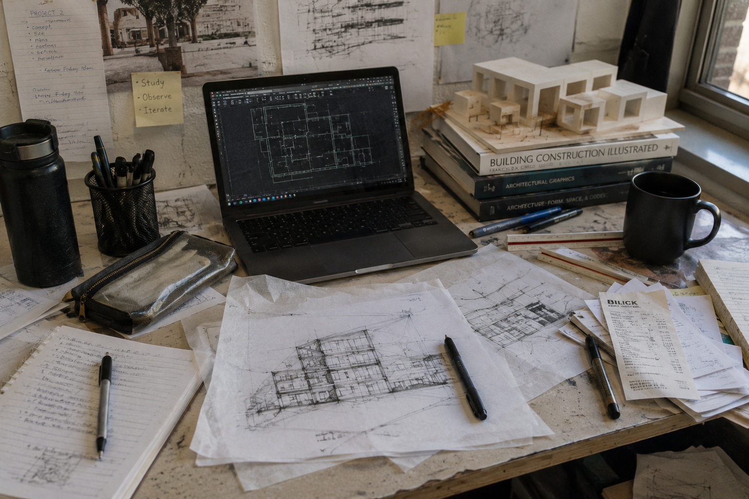 Architecture student workspace with laptop plans, sketches, model, books, notes, and drafting tools on a worn studio desk.