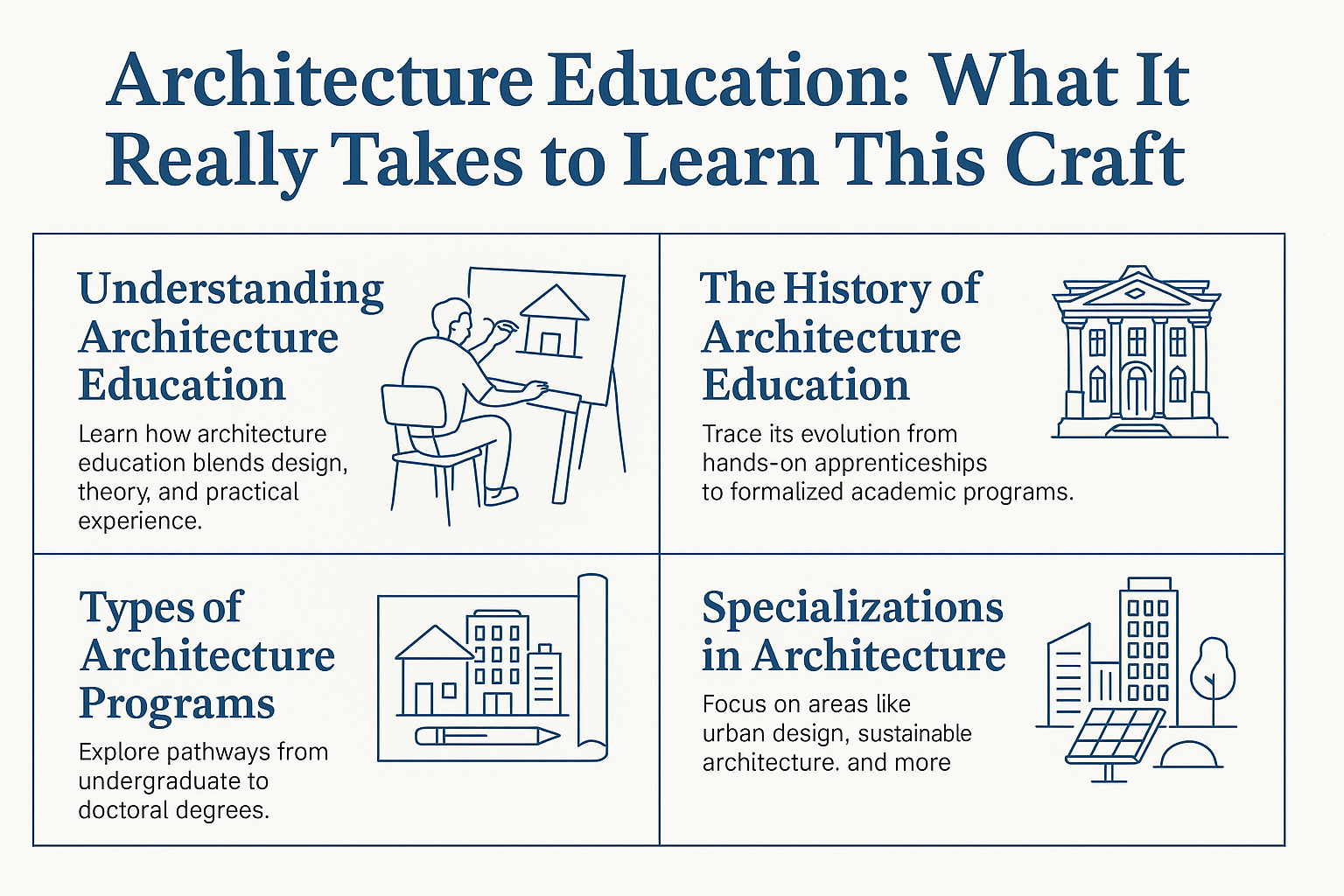 Infographic showing the roadmap of architecture education, from degrees to real-world skills and career paths.