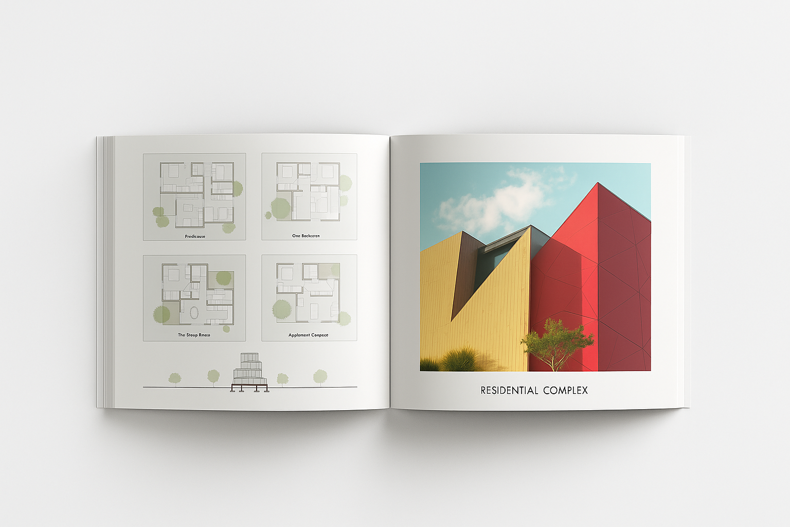 Open architecture portfolio book with a custom blueprint layout and a modern residential house photo.