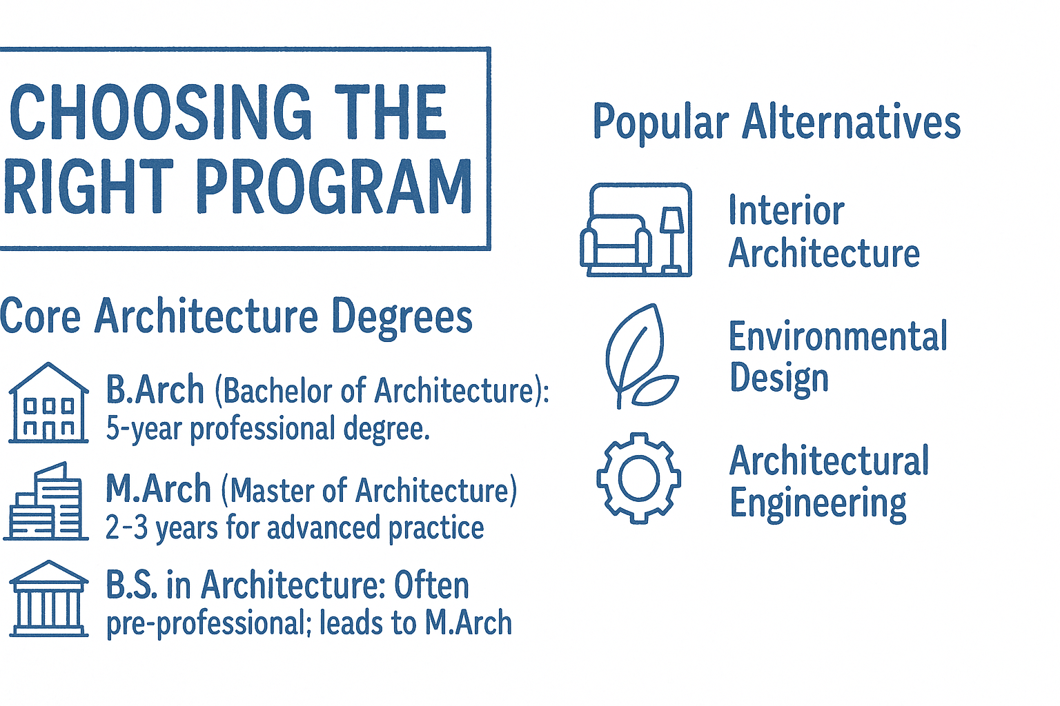 Comparison of core and alternative architecture degree options.
