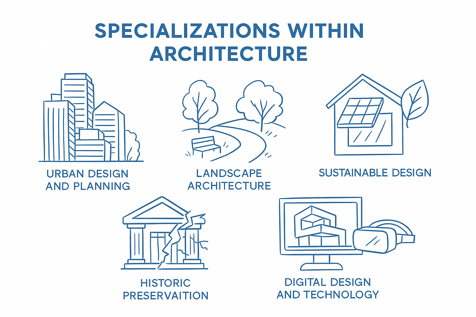 Chart showing specializations in architecture with skills and careers.