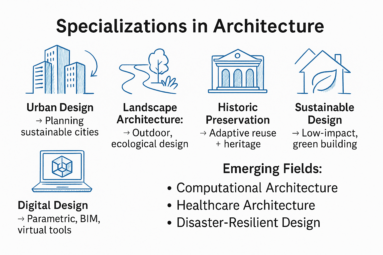 Overview of key architecture specializations and emerging fields.