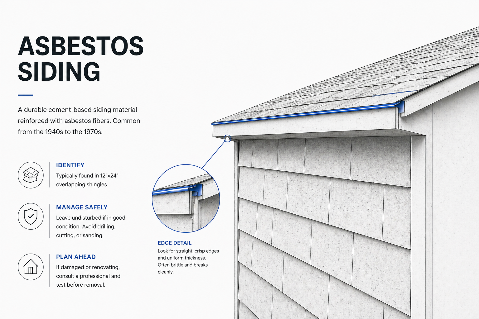 Asbestos cement siding shingles on an older house, showing the overlapping layout and edge detail.