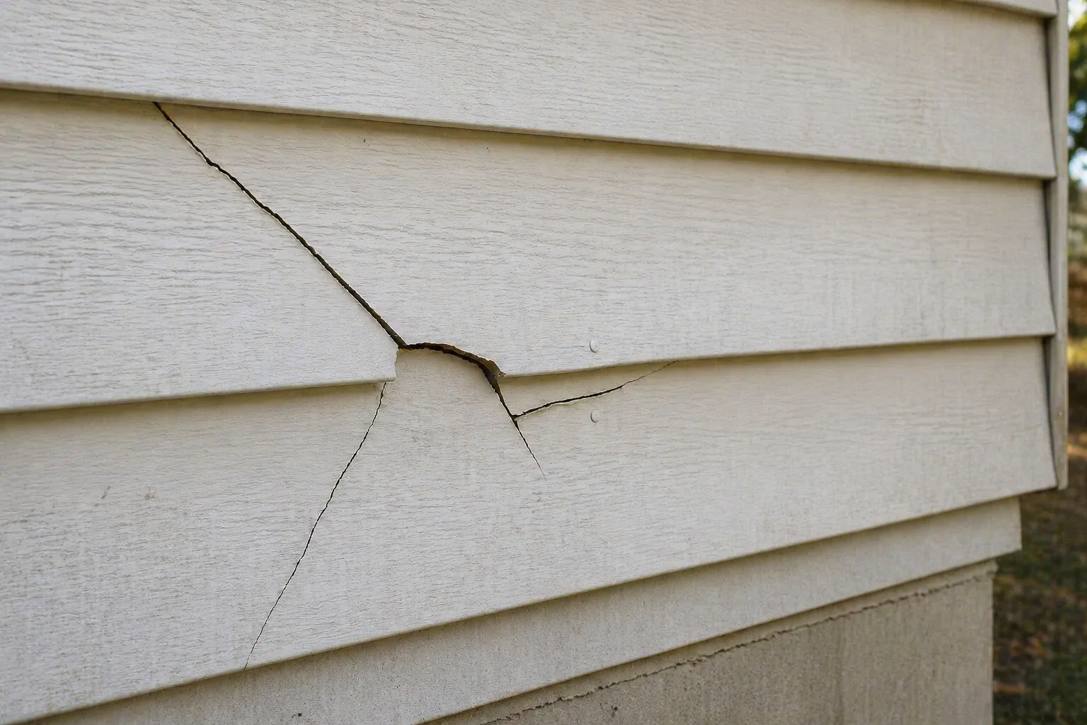 Cracked older house siding with brittle horizontal boards and visible damage.
