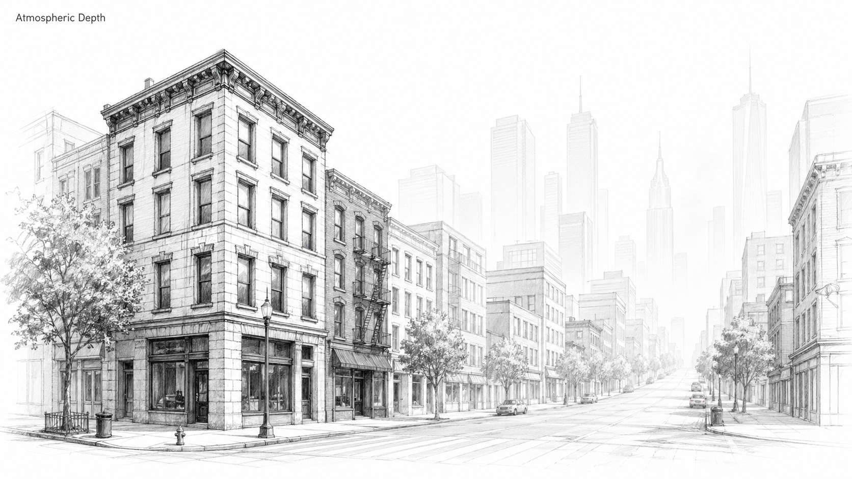 Urban architectural sketch showing atmospheric perspective with detailed foreground buildings and a faded distant skyline.