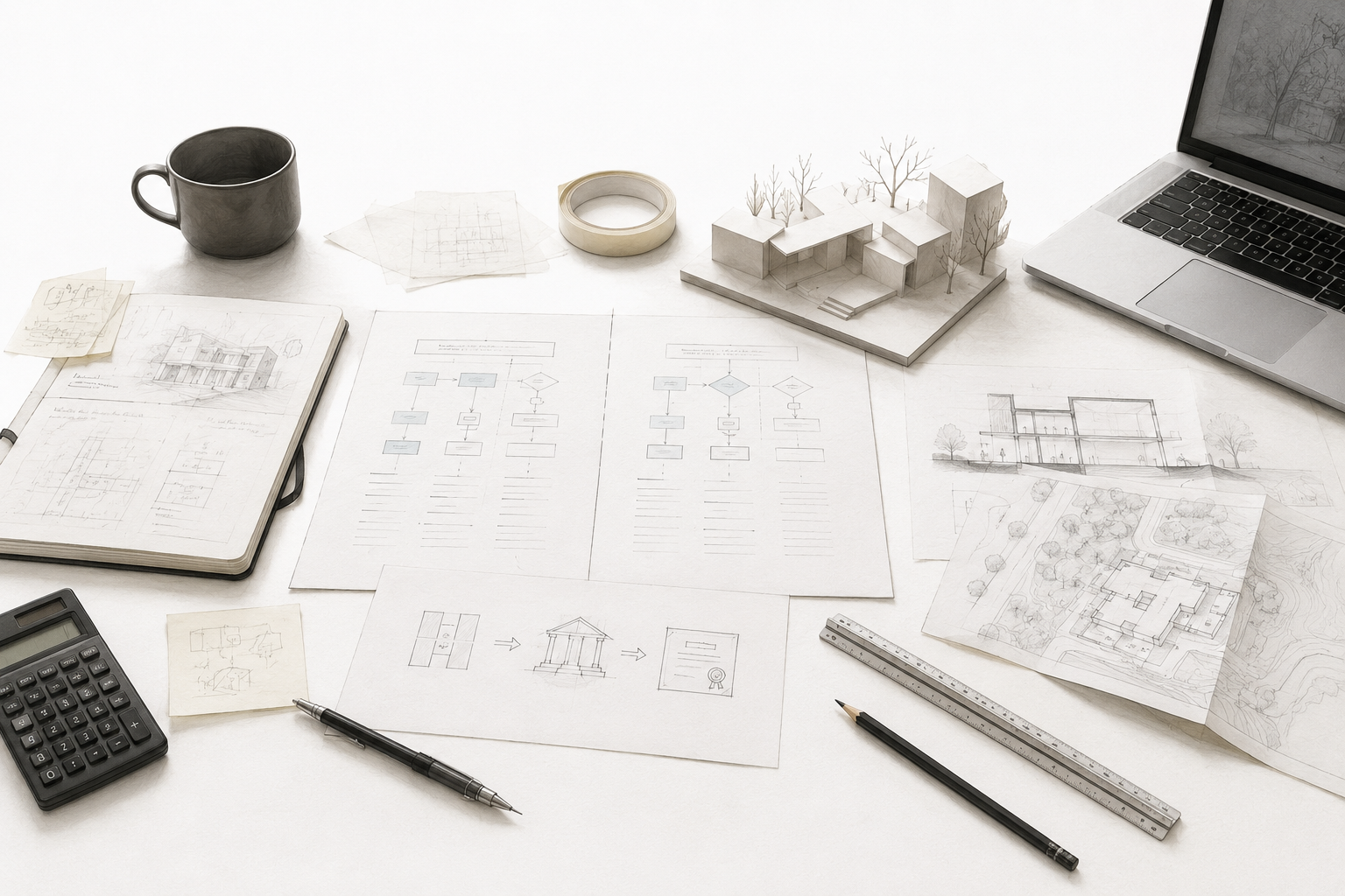 Hands on laptop near architecture drawings and model house.