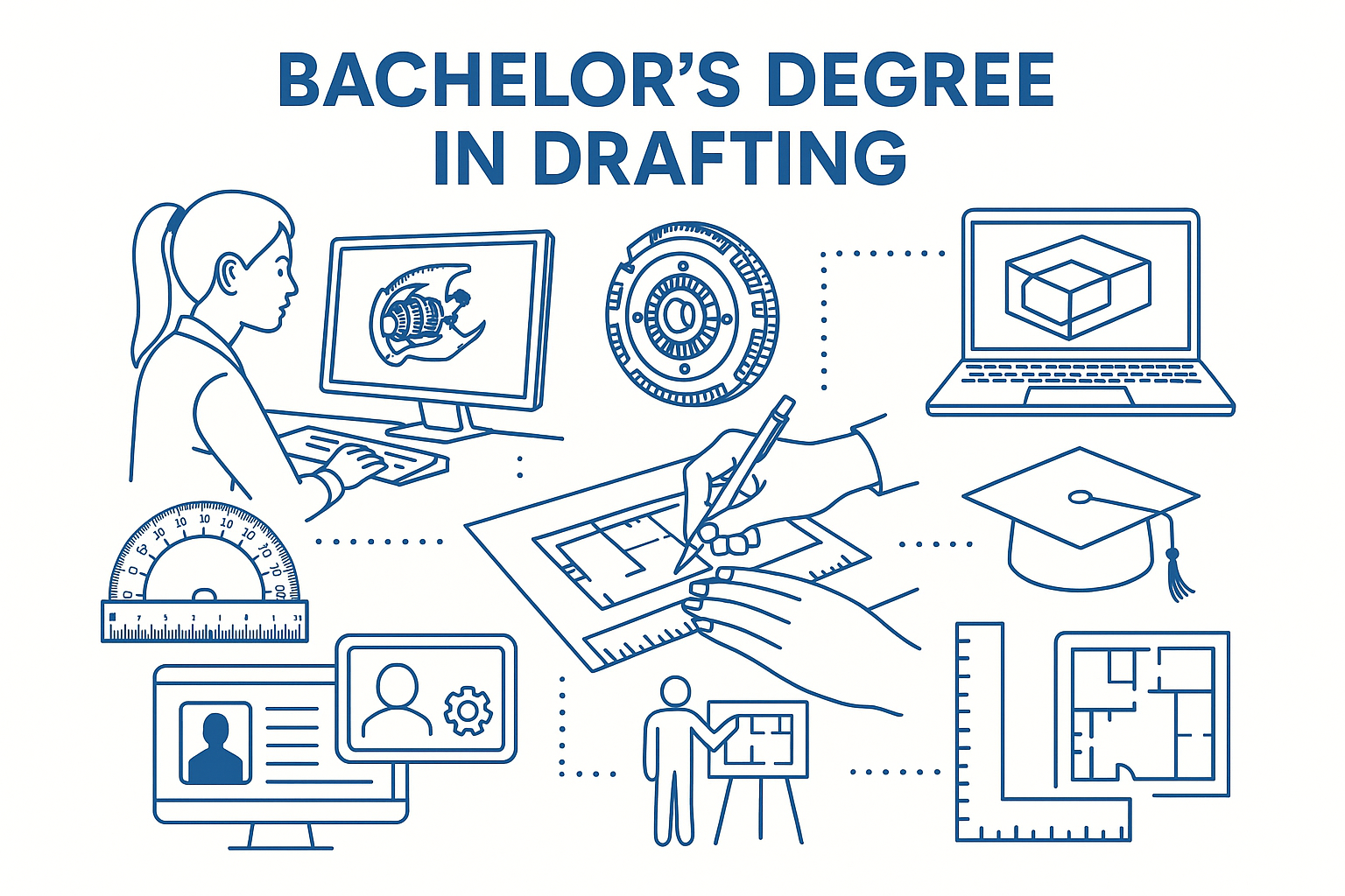 Infographic showing components of a bachelor's degree in drafting, including CAD, floor plans, and drawing tools.
