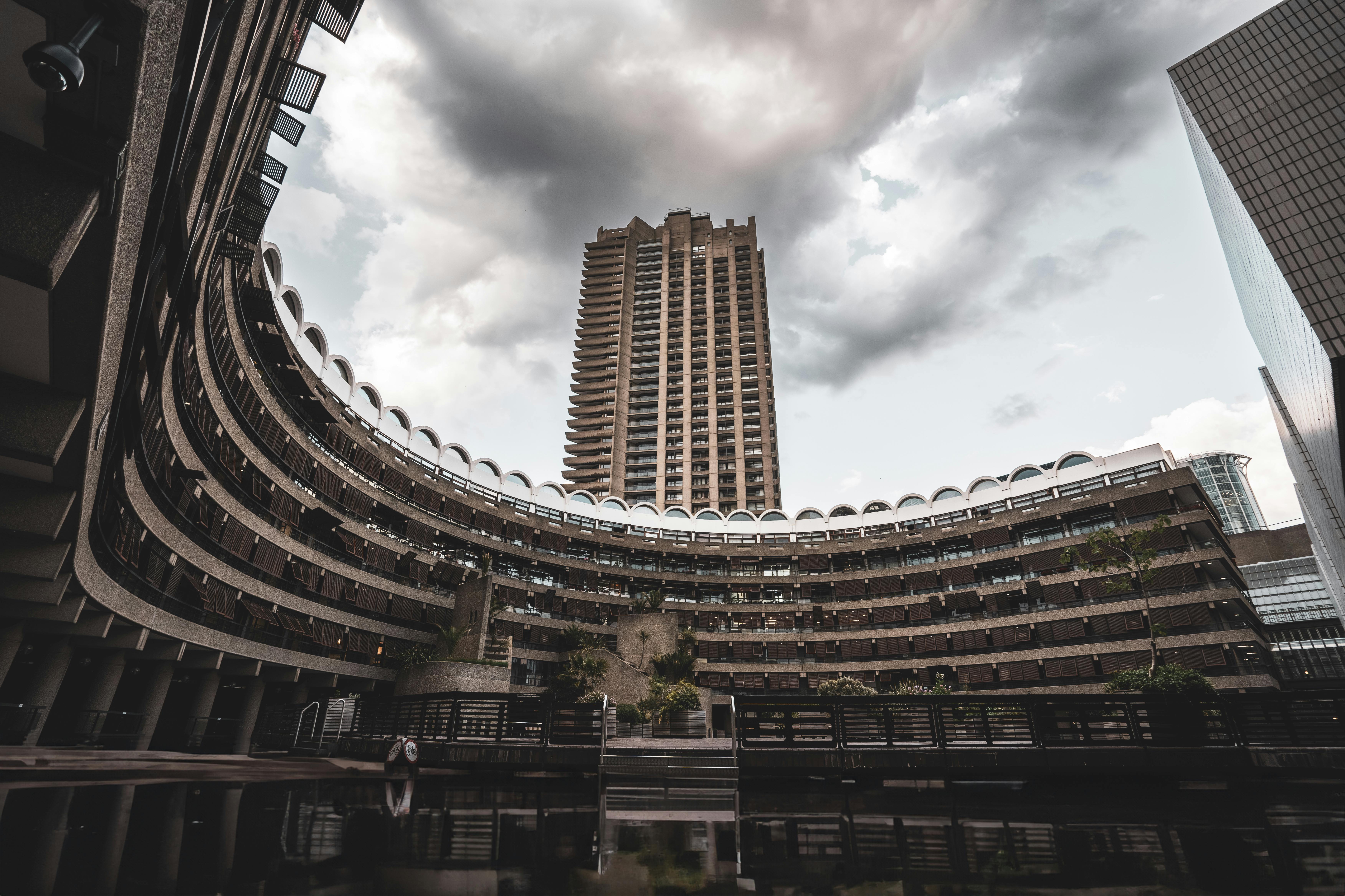 Barbican Centre in London with layered concrete design and urban walkways.
