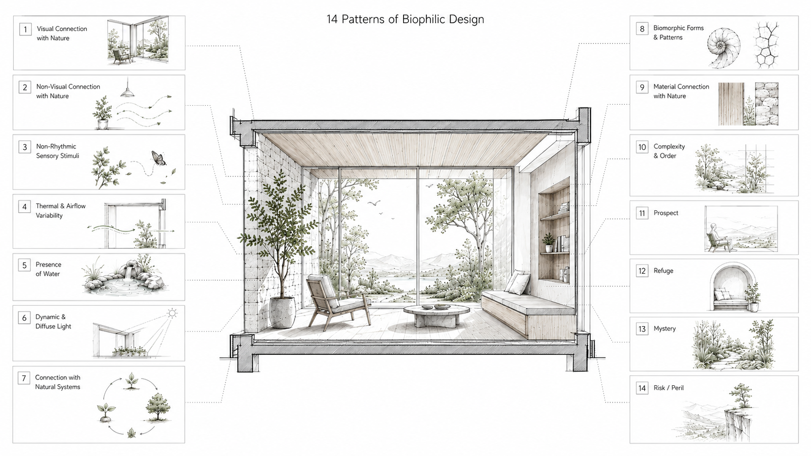 Architectural diagram showing the 14 patterns of biophilic design through daylight, views, airflow, plants, water, natural materials, prospect, refuge, mystery, and risk.