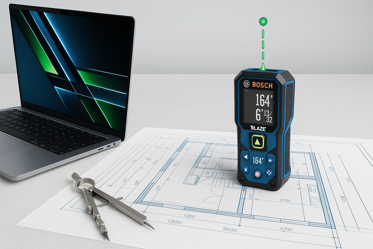 Bosch Blaze laser measure on desk beside drafting compass and MacBook Pro.