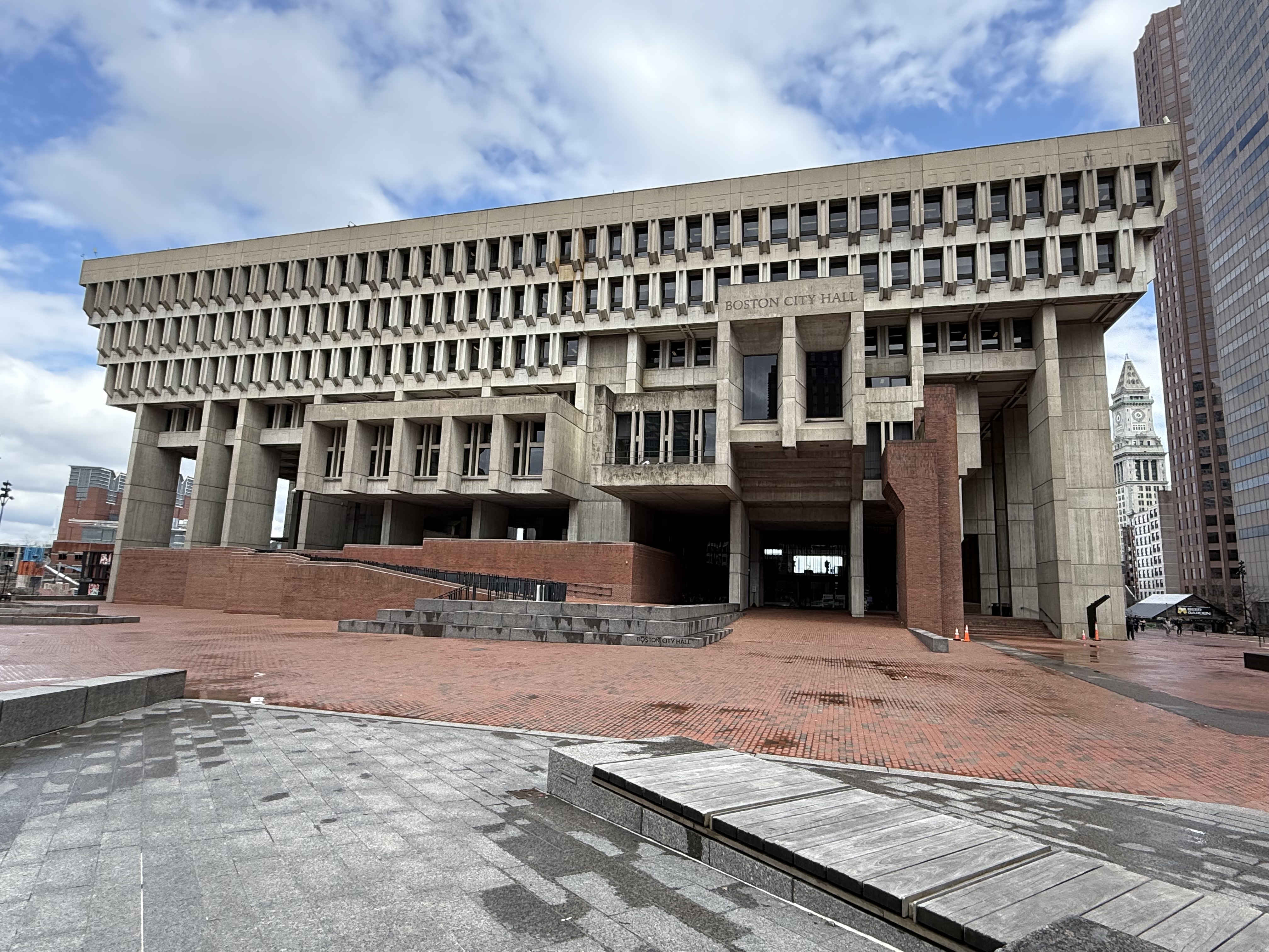 Boston City Hall with massive concrete overhangs and fortress-like design.