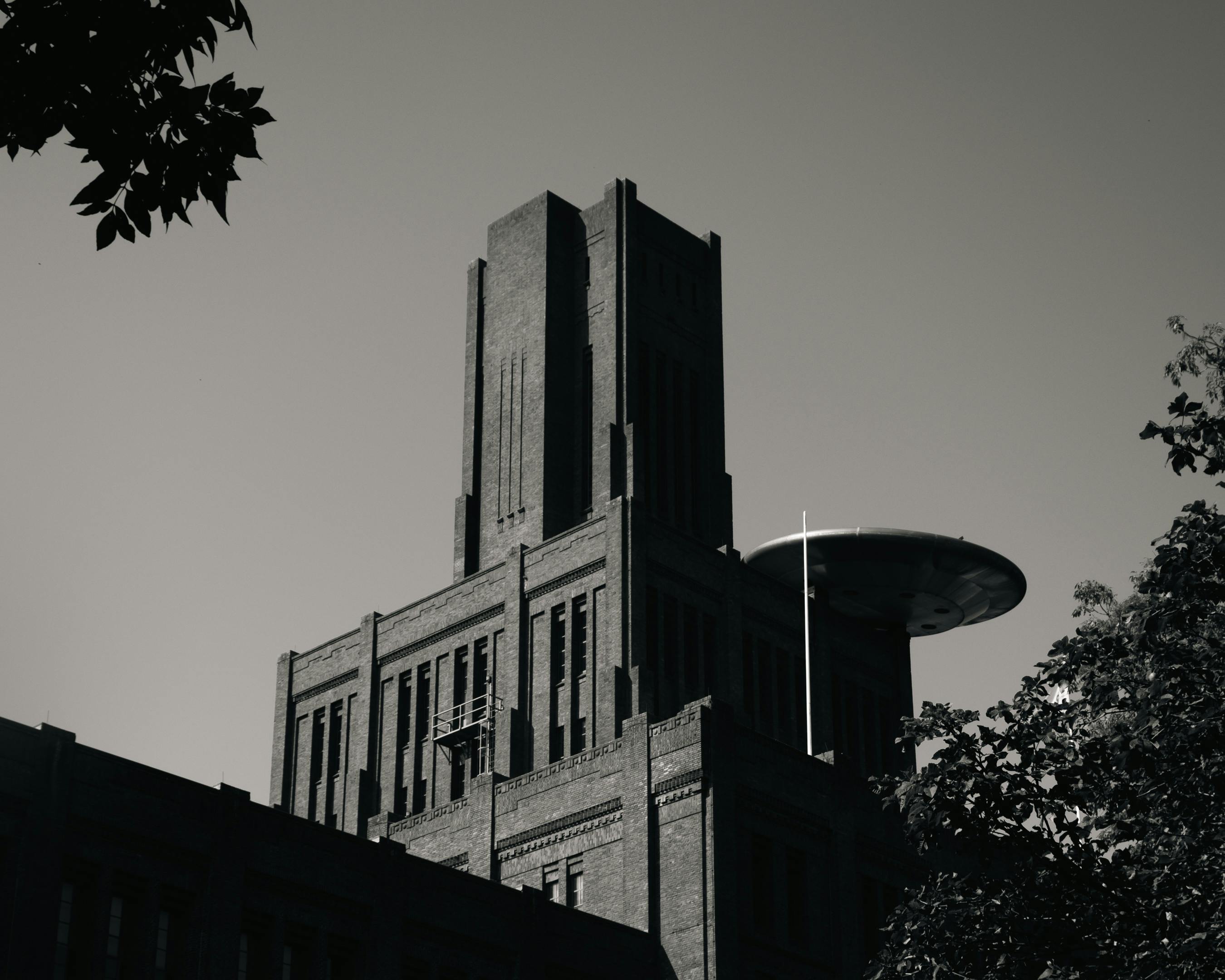 Brutalist architecture on historic industrial building in Amsterdam, Netherlands.