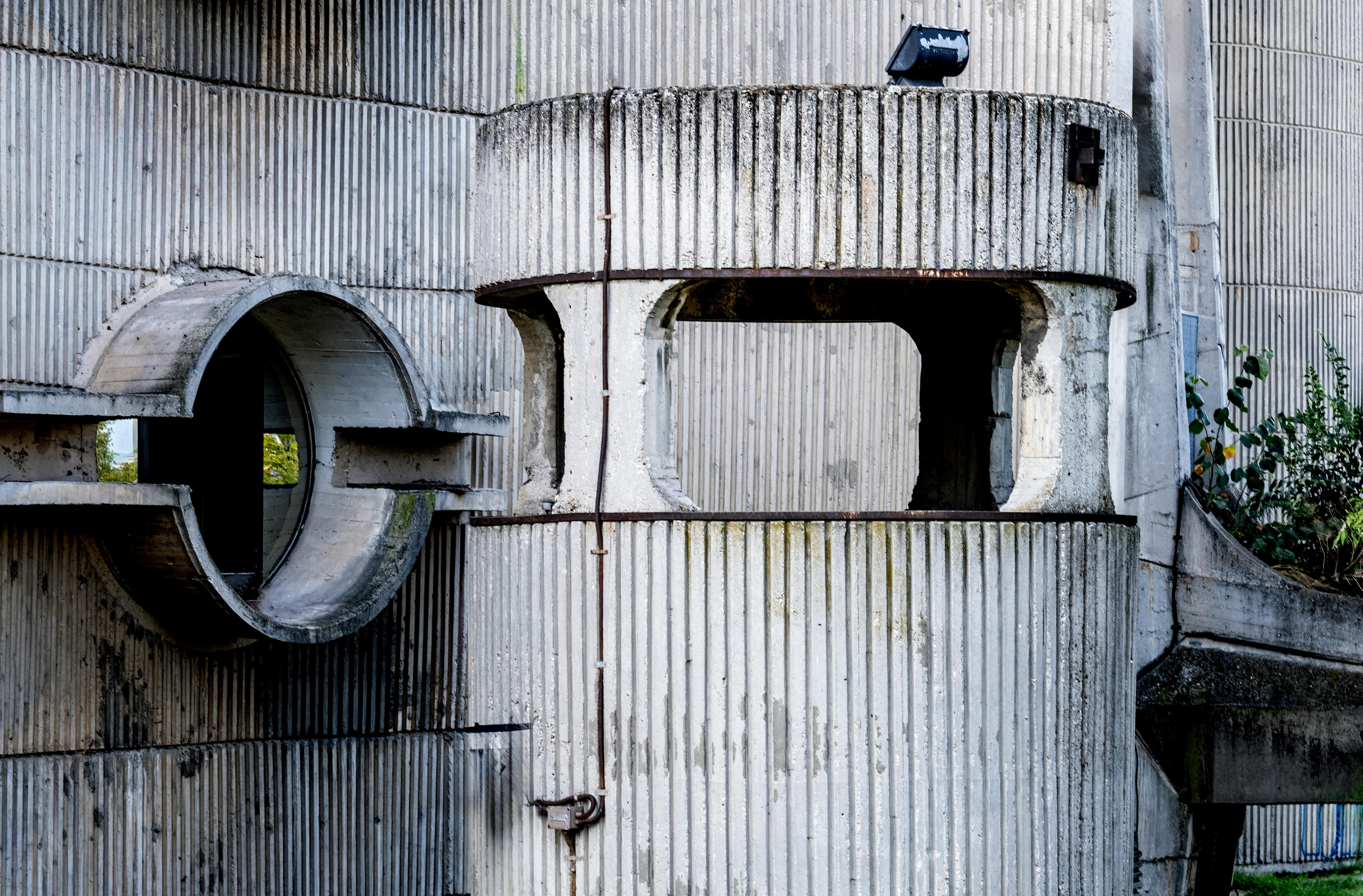 Brutalist concrete detail in Skopje showing raw texture and bold form.