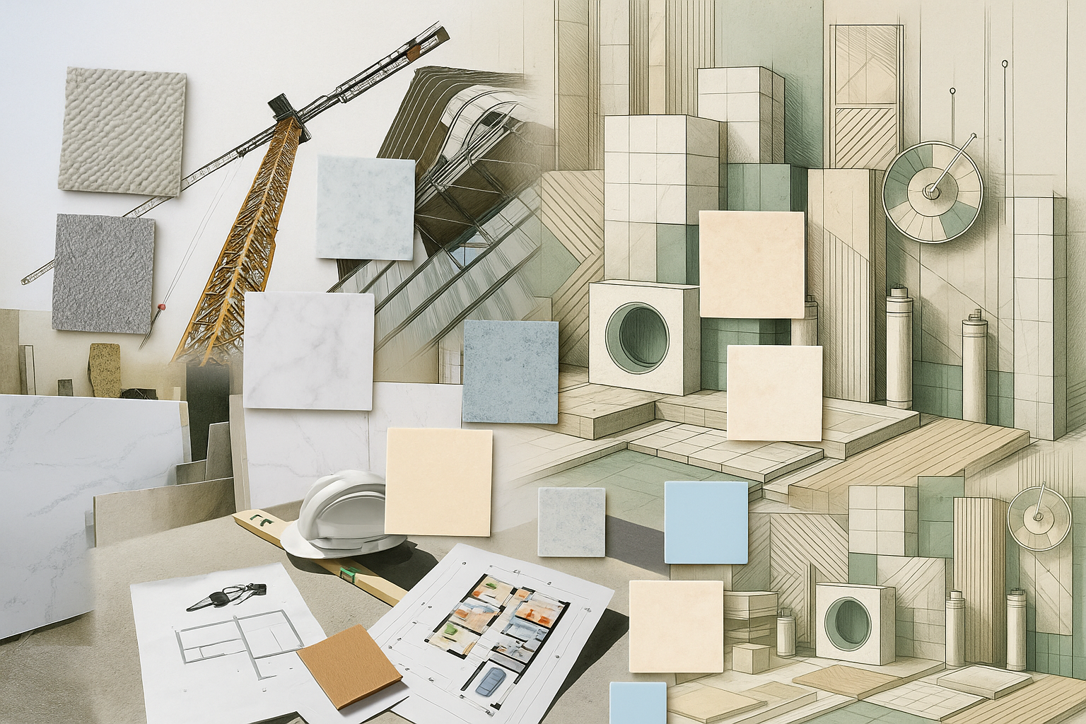 Collage of various building materials including slabs, samples, plans, and construction scenes with no text overlay.