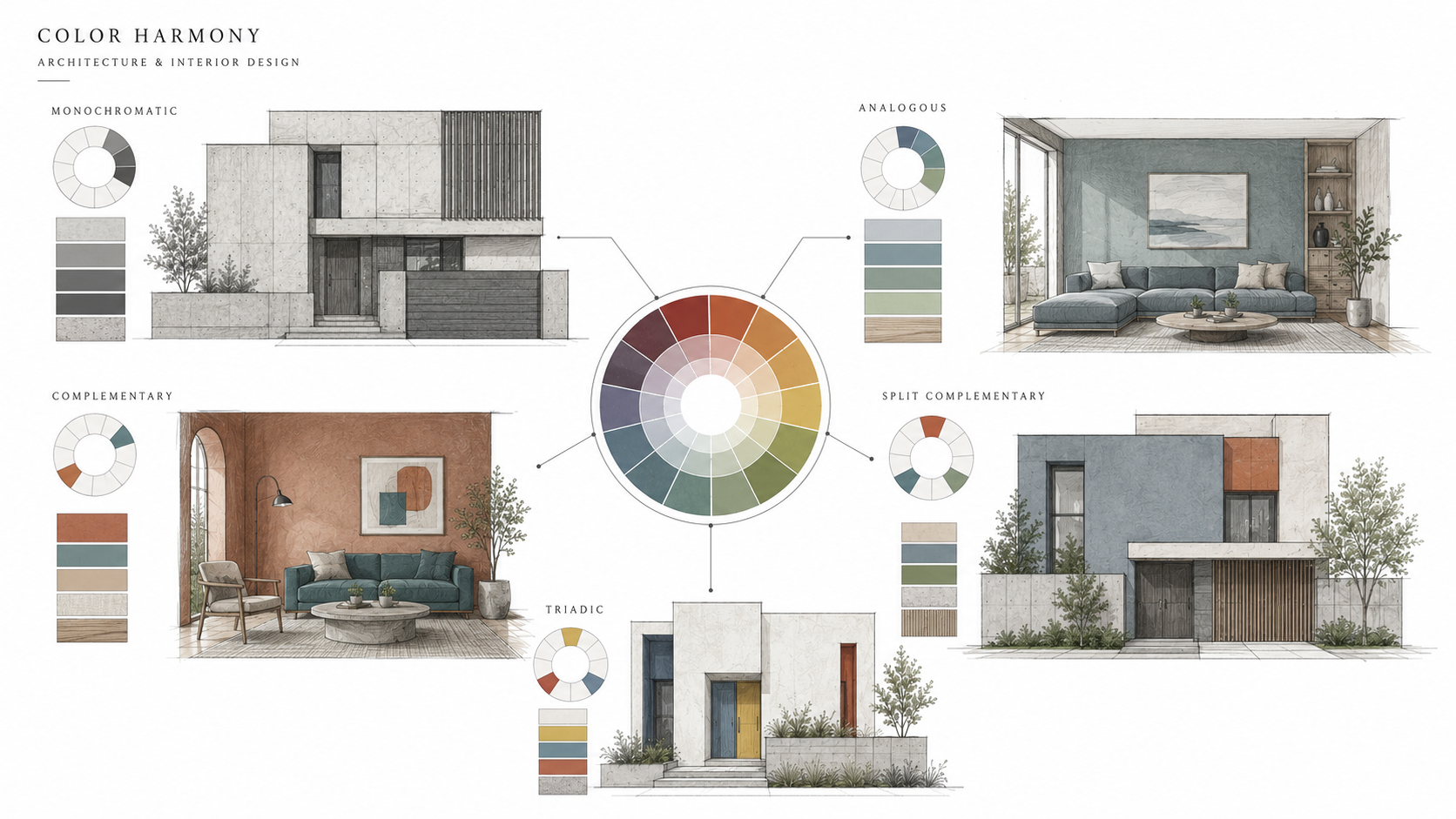 Architectural color harmony diagram showing monochromatic, analogous, complementary, split complementary, and triadic palettes.